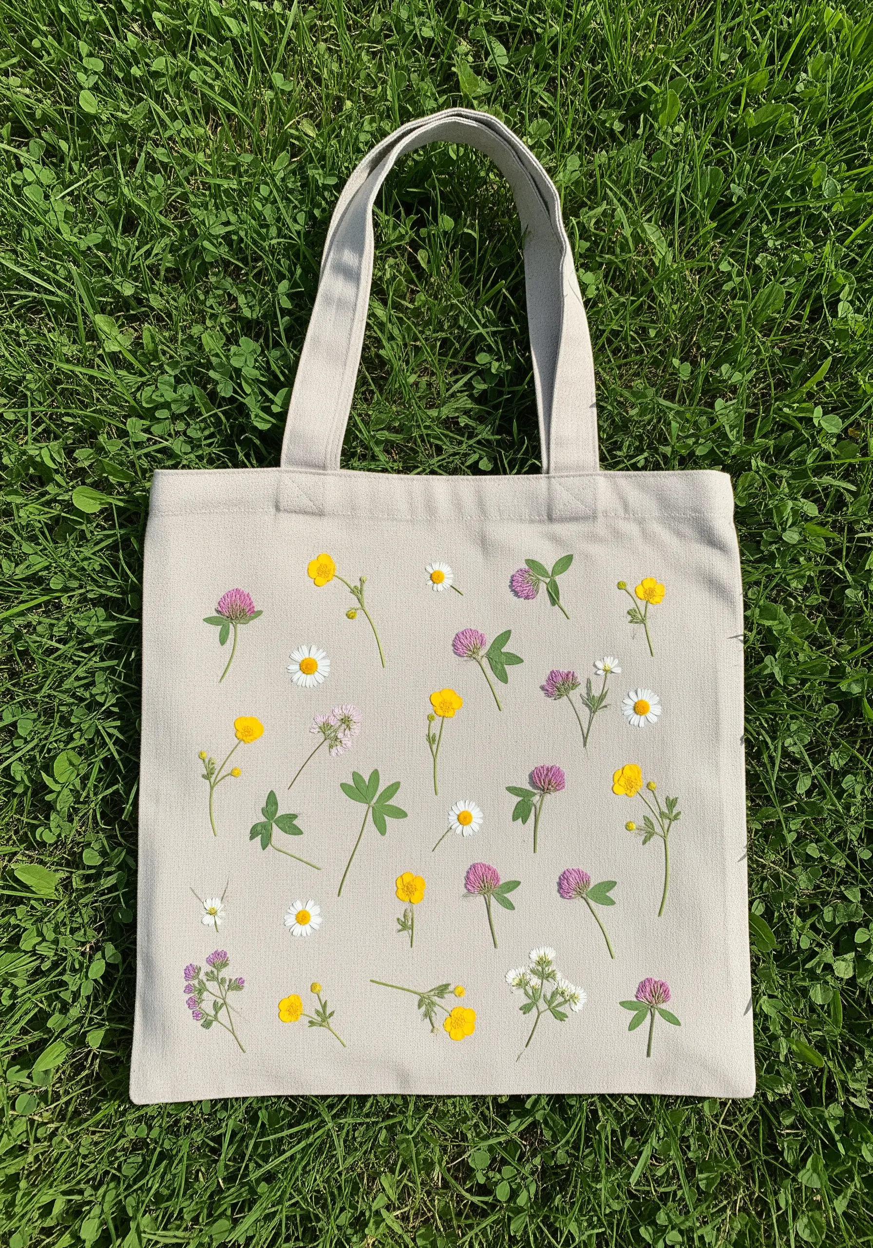 A canvas tote bag featuring a scattered pattern of small, simply stitched wildflowers.