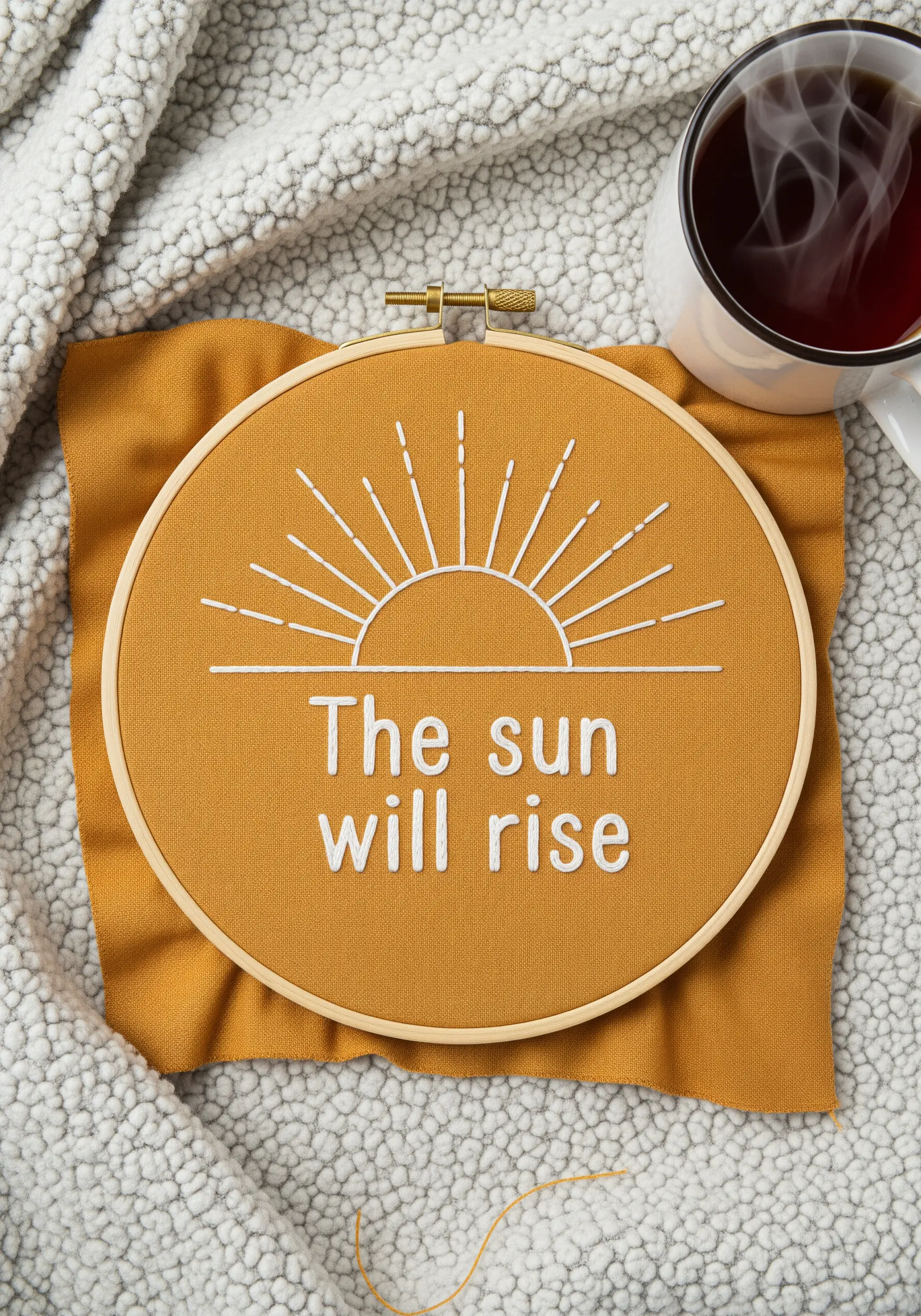 Minimalist sunburst and quote embroidered in white on mustard-yellow fabric.