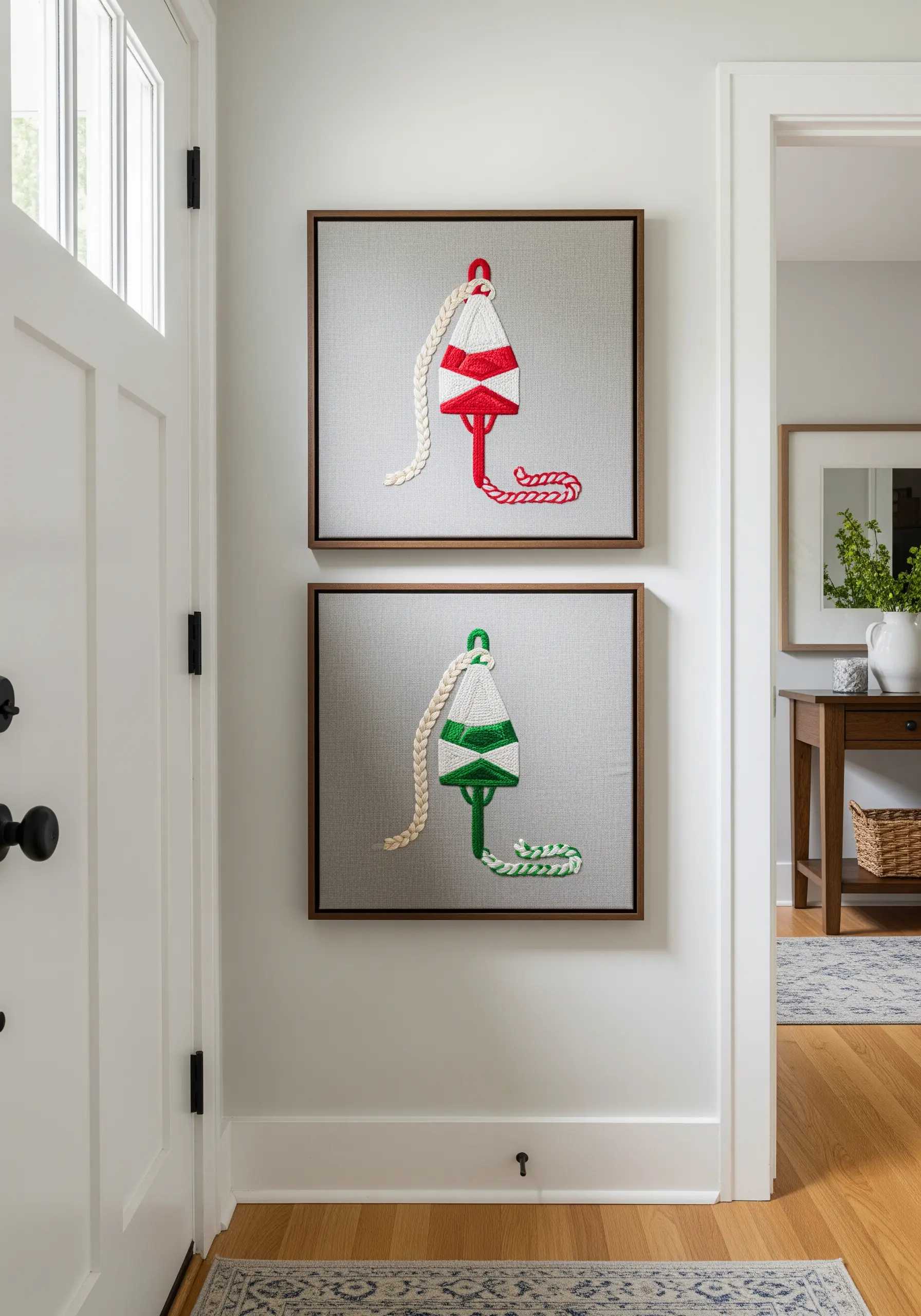 Two framed embroideries of padded, 3D nautical buoys in red and green with braided yarn ropes.