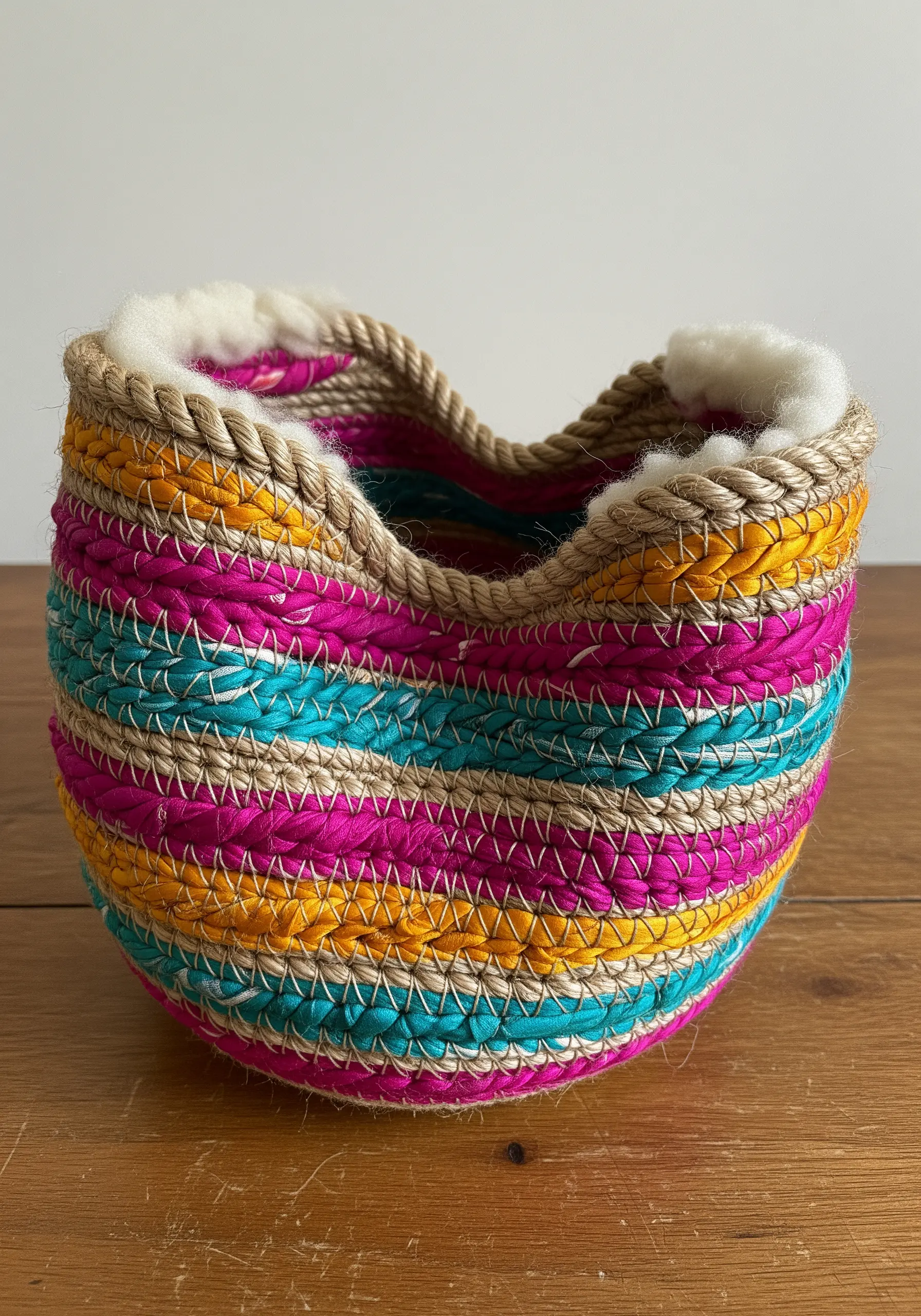A colorful coiled rope basket wrapped with magenta, turquoise, and yellow fabric strips.