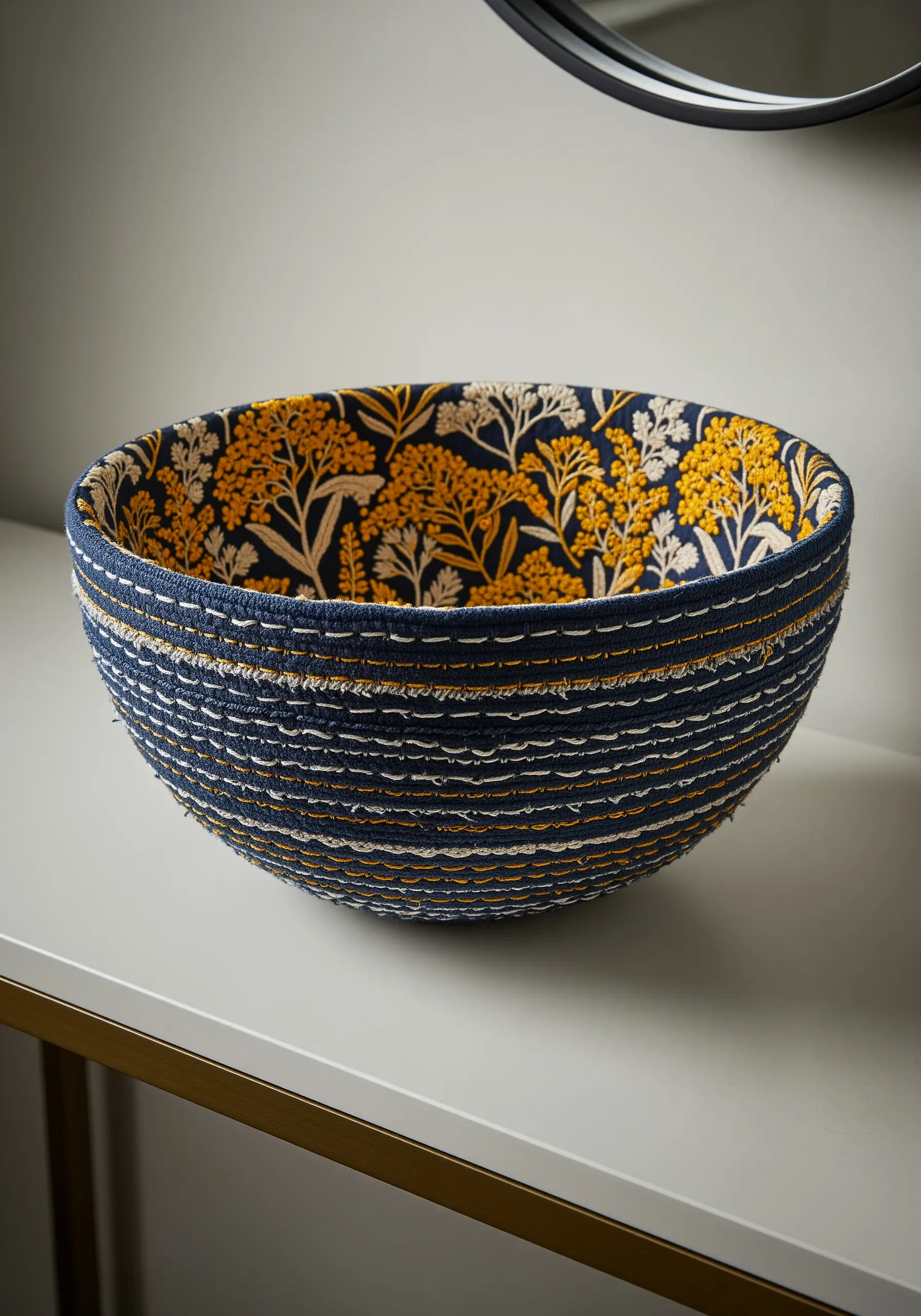 A coiled rope bowl made with navy fabric and lined with a yellow floral print.