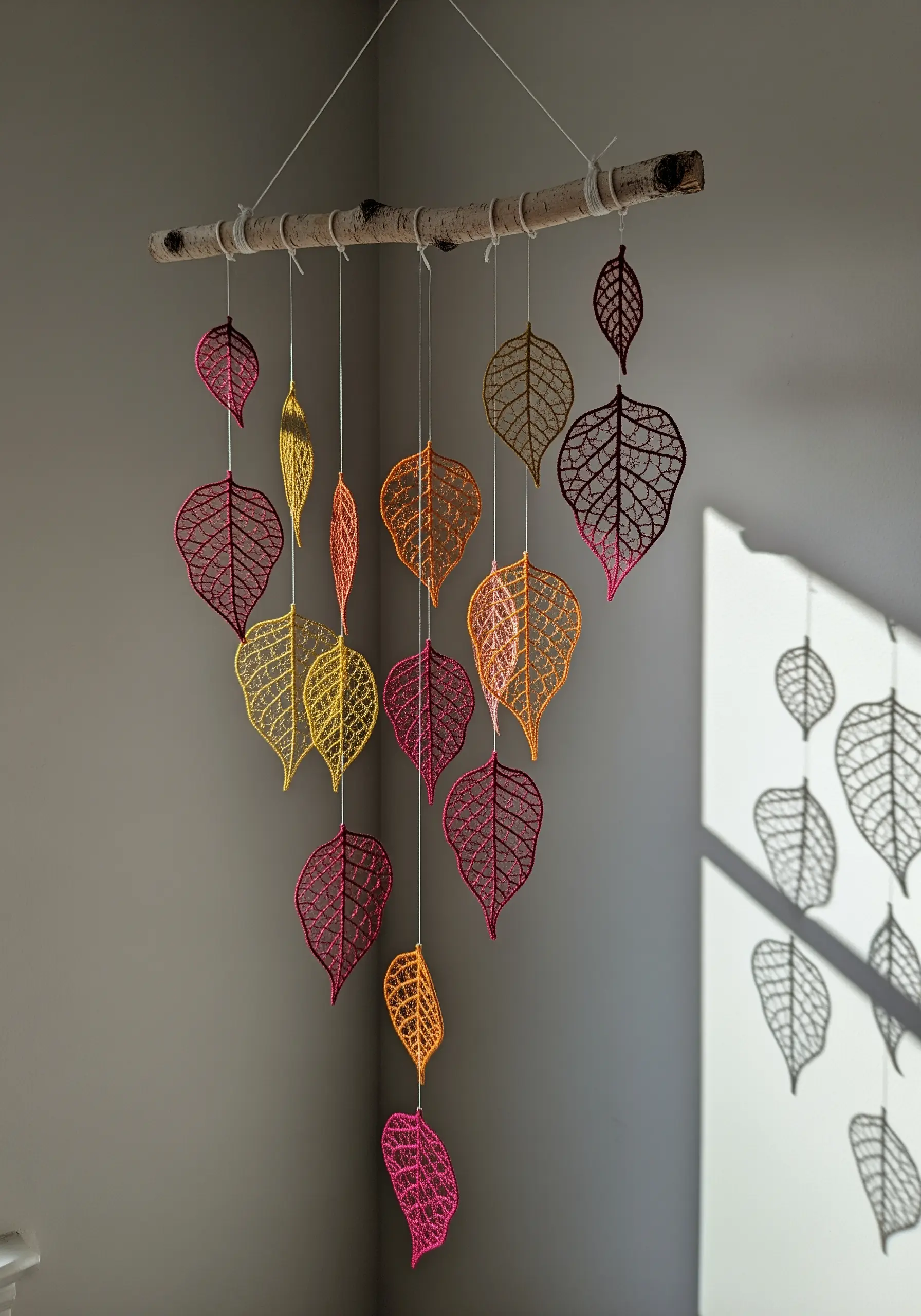A mobile made of delicate, thread-only leaves in shades of pink, yellow, and orange.