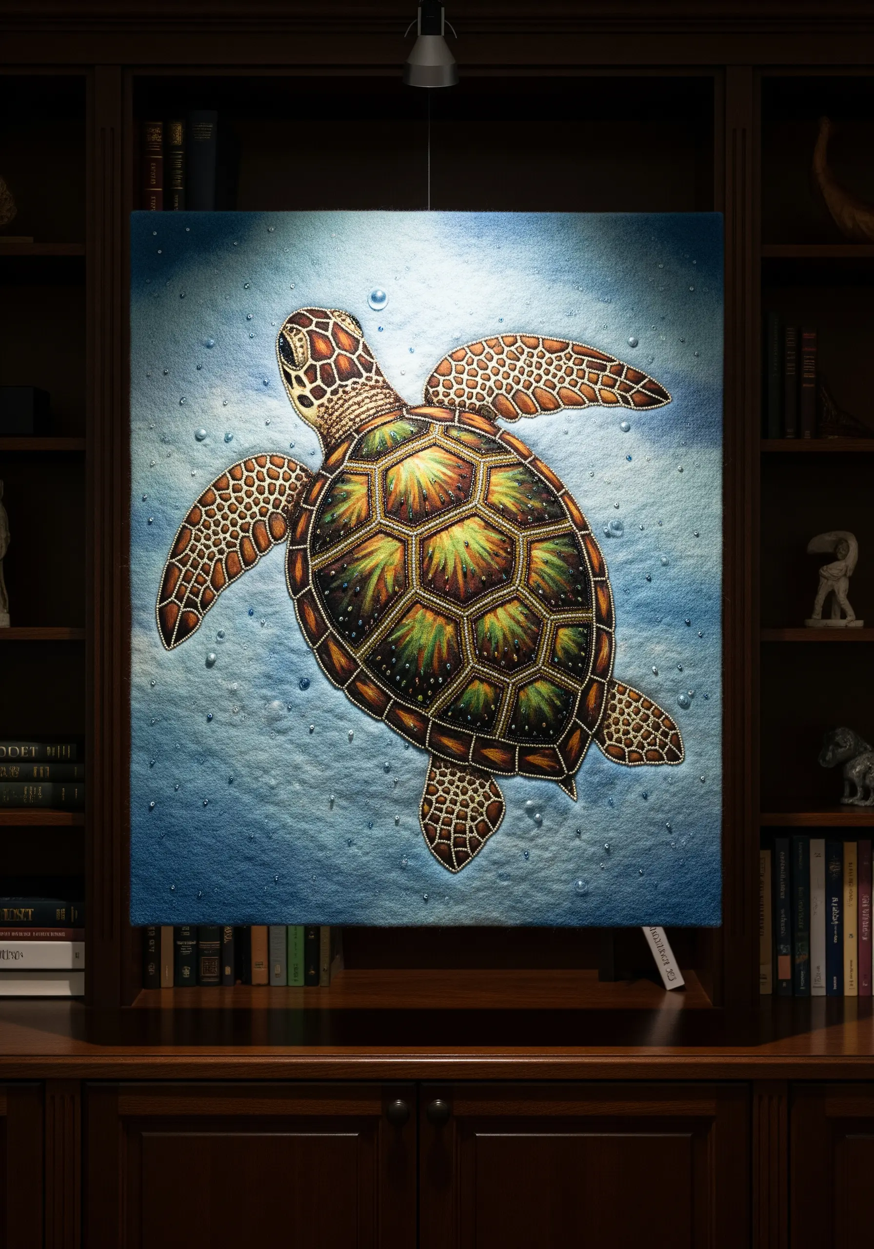 Detailed embroidery of a sea turtle with an iridescent shell, highlighted by a spotlight.