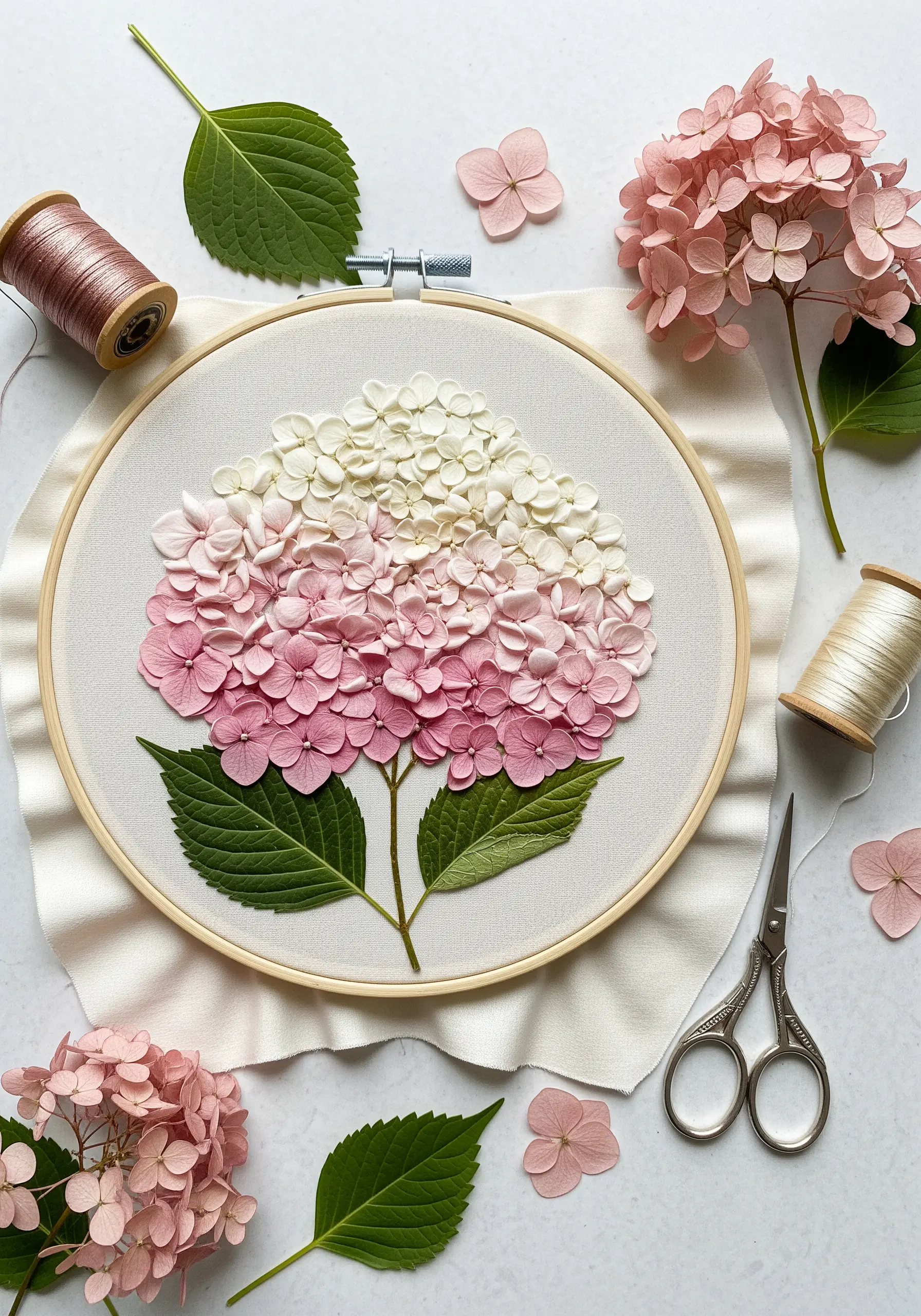 Realistic pink and white ombré hydrangea with 3D detached petals.