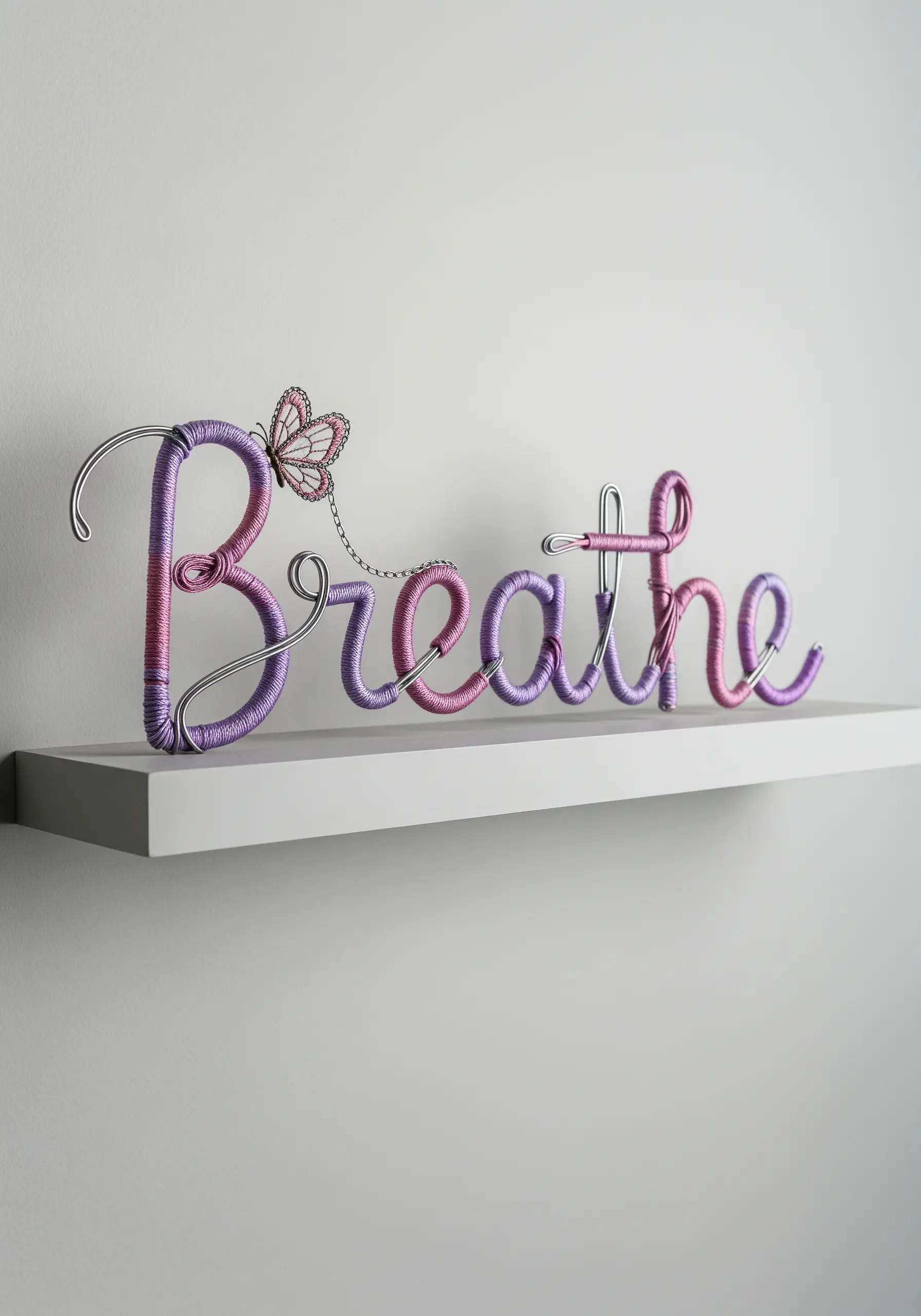 The word 'Breathe' sculpted from wire and wrapped in pink and purple thread.