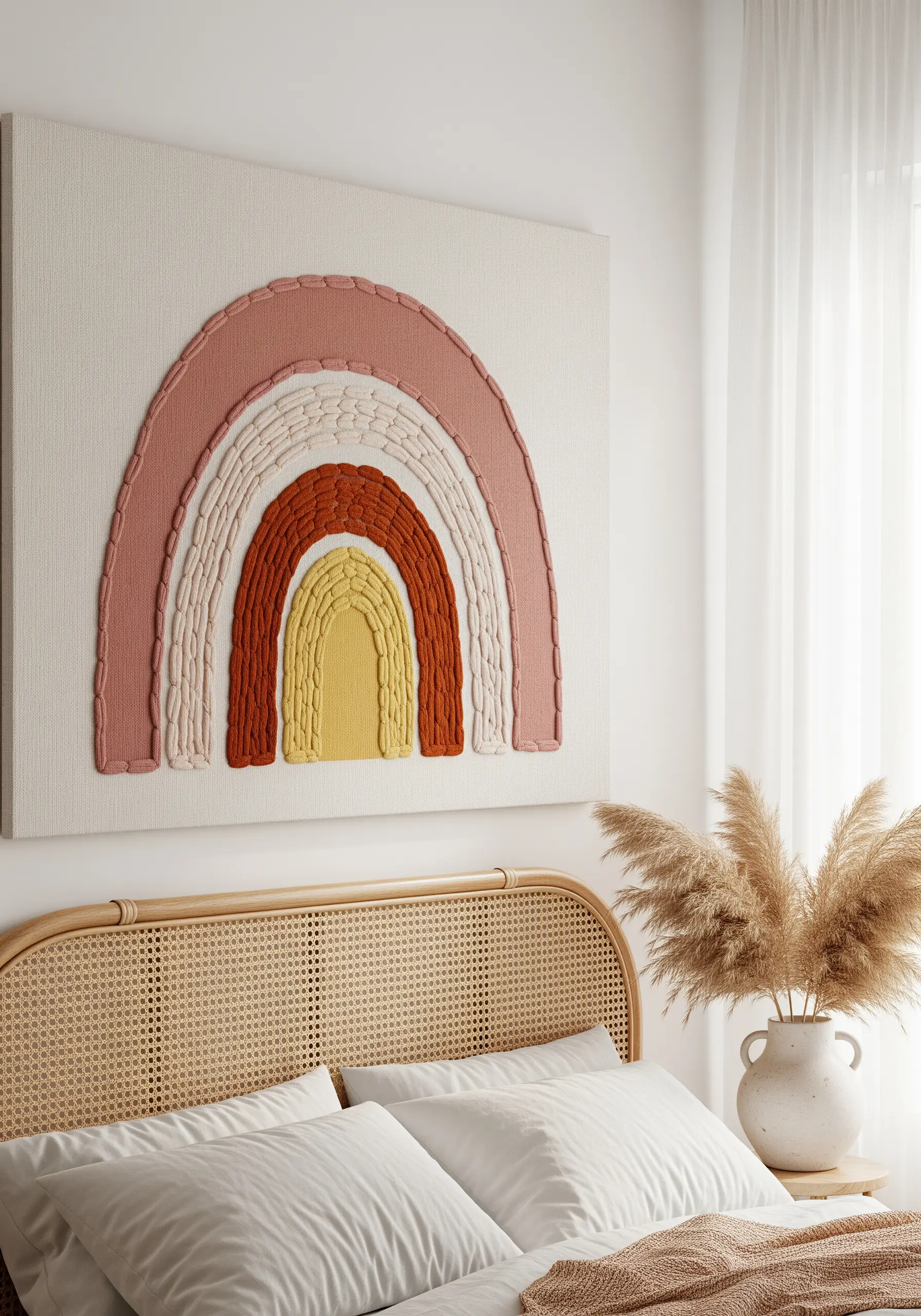 A large canvas with a textured, raised rainbow embroidered in earthy tones.