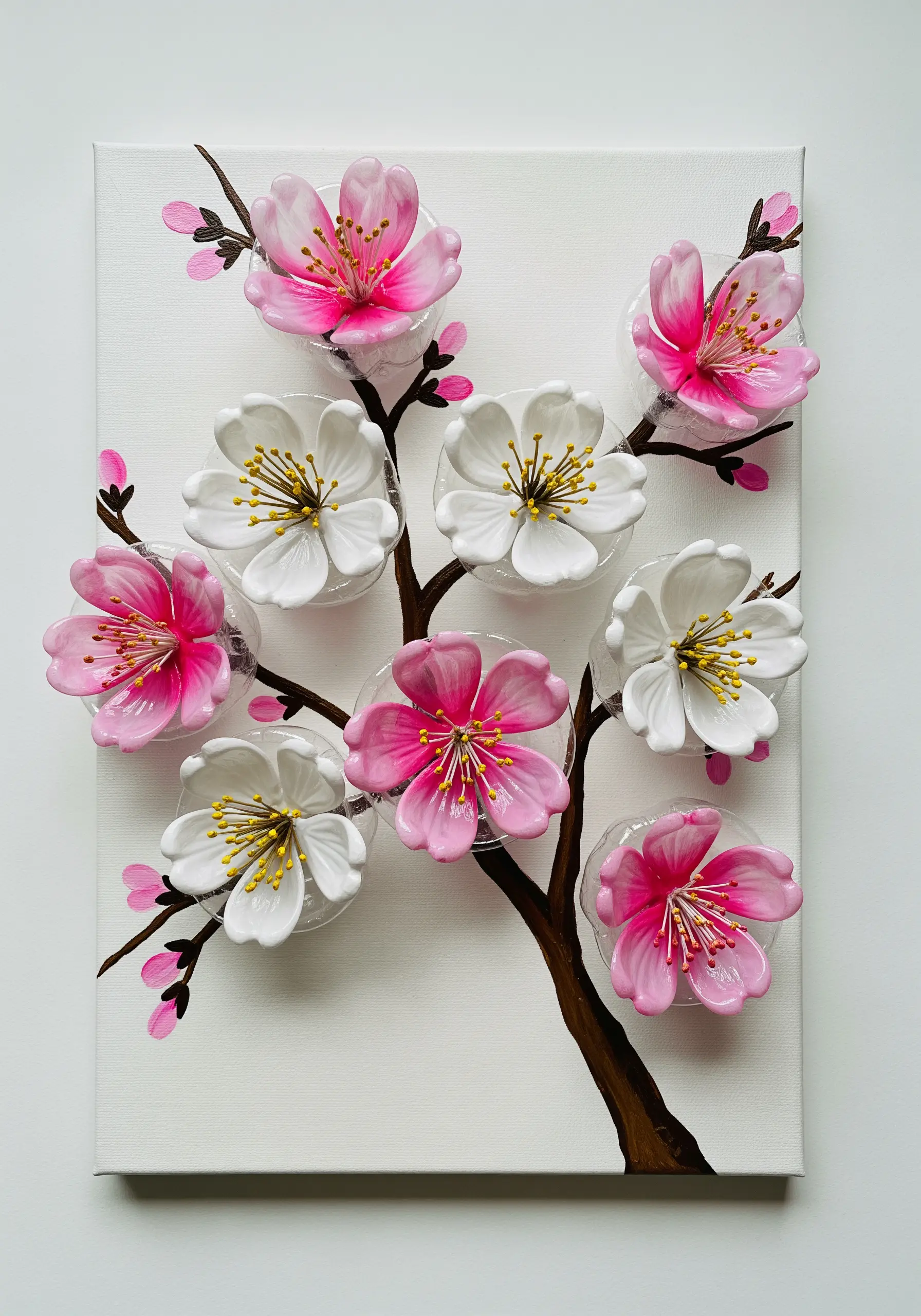 A 3D wall art piece of a cherry blossom branch using painted plastic bottle bottoms as flowers.