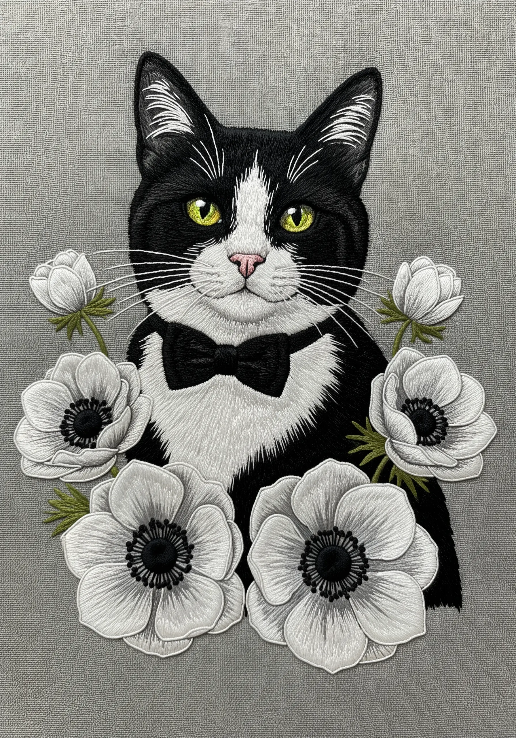 Embroidered tuxedo cat wearing a bowtie, surrounded by 3D white anemone flower appliqués.