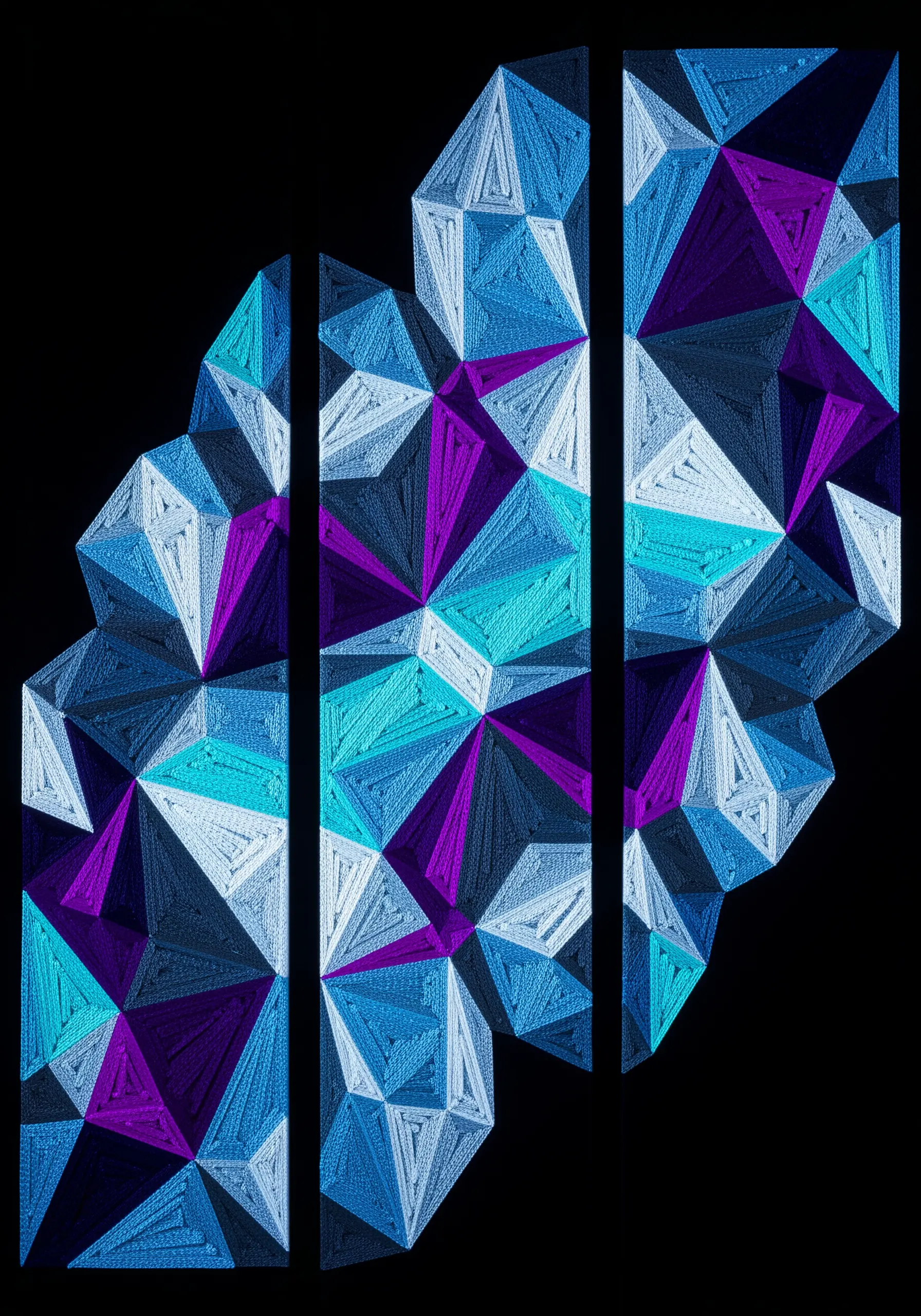 A geometric abstract design in blue, purple, and white, stitched as a triptych.