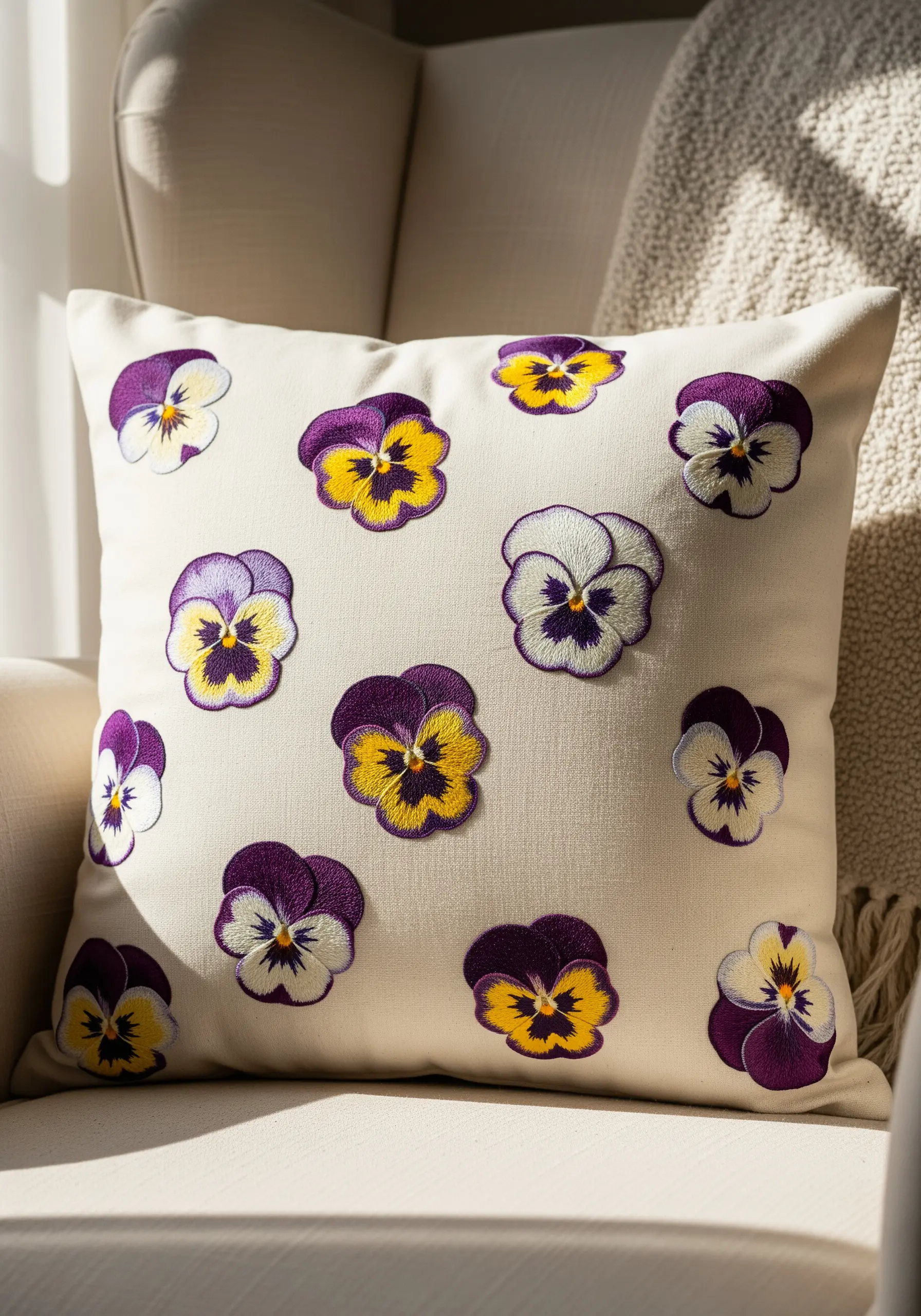 A scatter pattern of embroidered pansies with a raised, 3D effect on a cream pillow.
