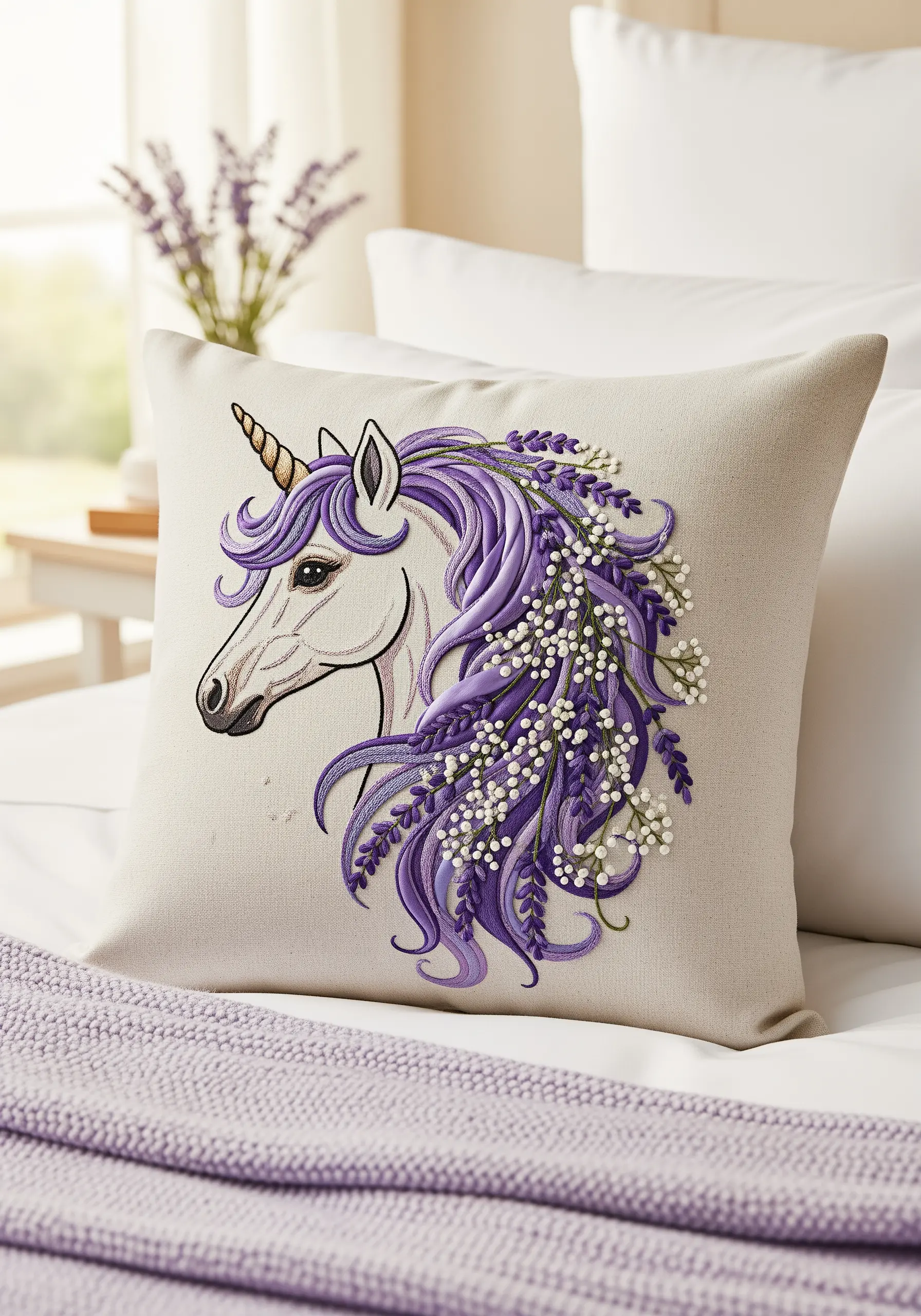 Embroidered unicorn pillow with purple lavender mane and textured French knots.