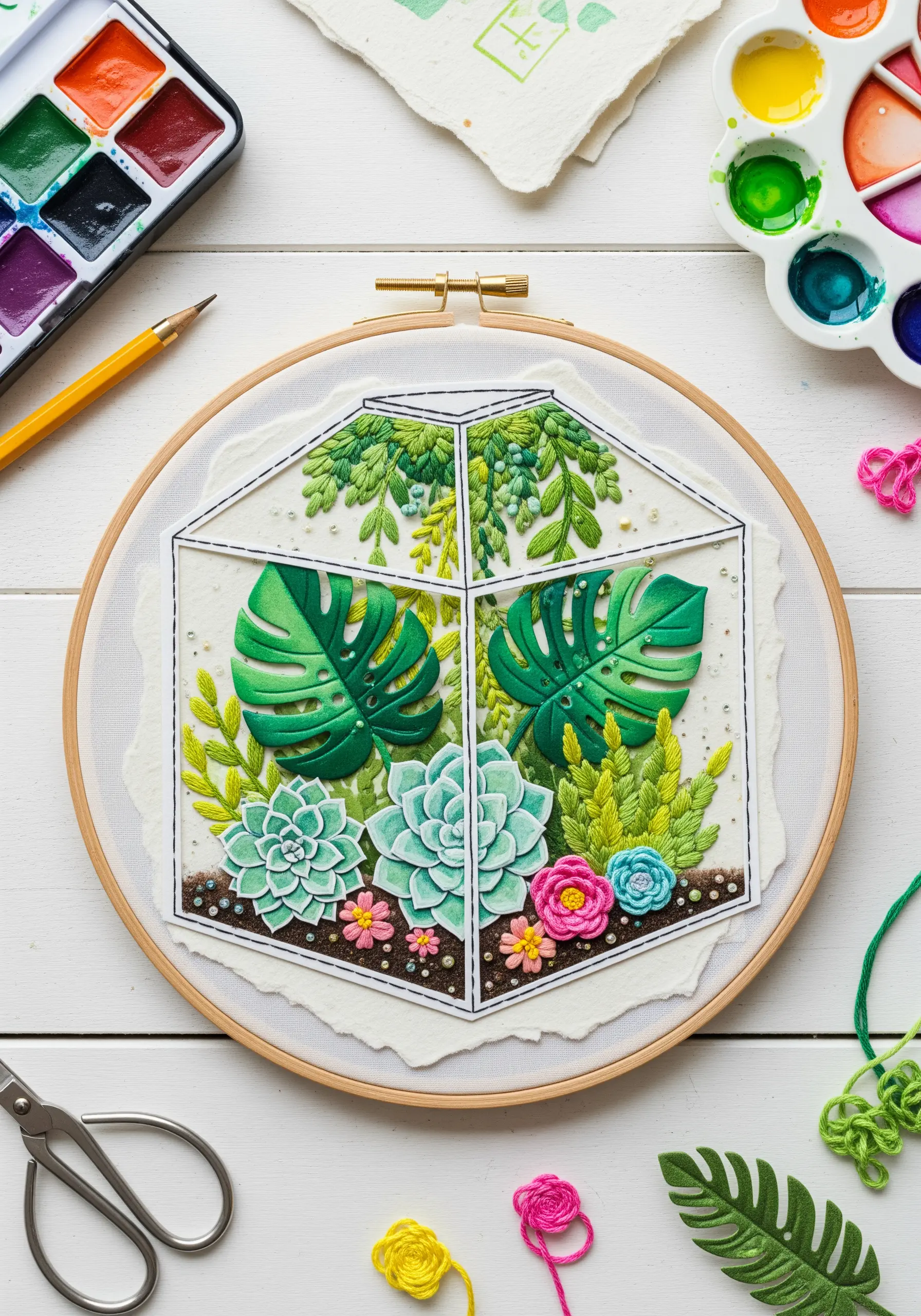 Mixed-media terrarium embroidery with watercolor paper leaves and 3D woven wheel roses.