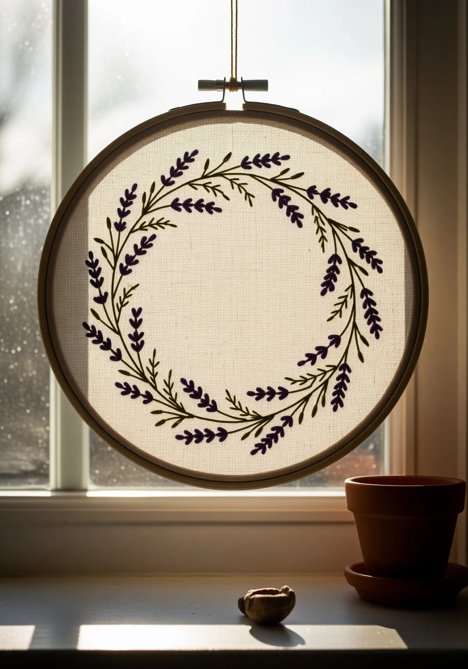 An embroidered lavender wreath in a hoop, silhouetted against a sunlit window.