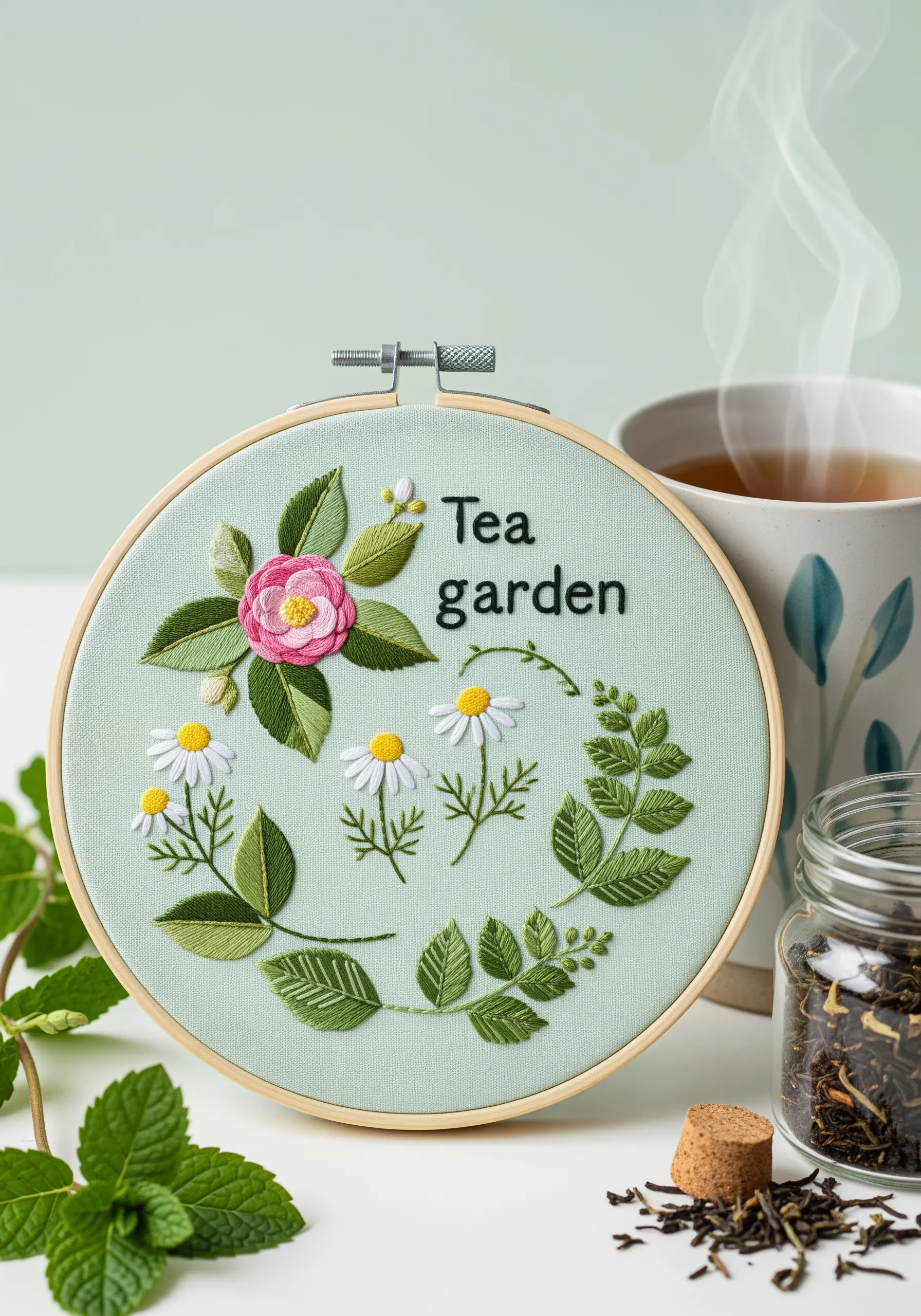 An asymmetrical wreath of tea-inspired botanicals like camellia and mint on a sage green background.