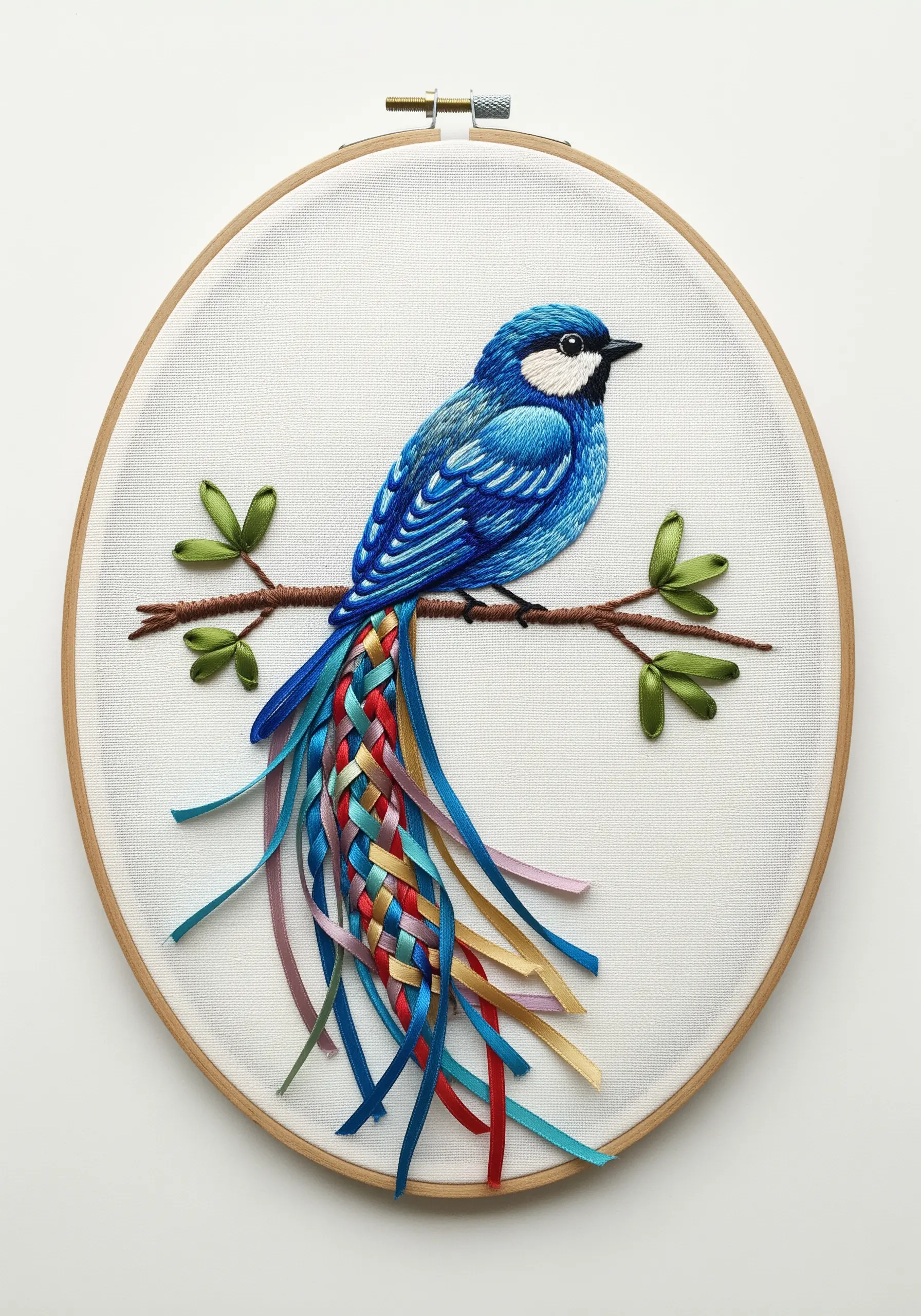 Thread-painted blue bird on a branch with a long, colorful tail of woven ribbons.