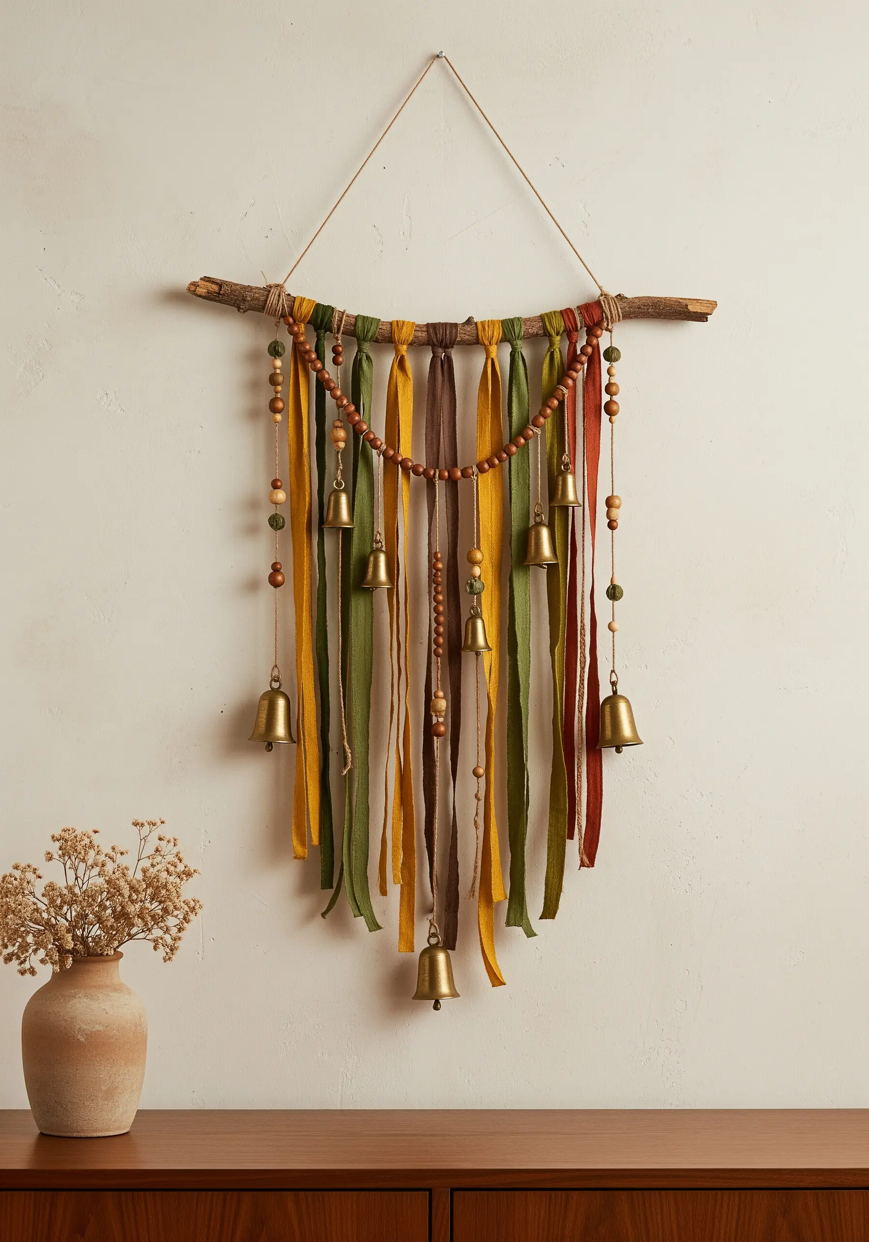 A rustic wall hanging made of earth-toned ribbons, wooden beads, and brass bells on a branch.