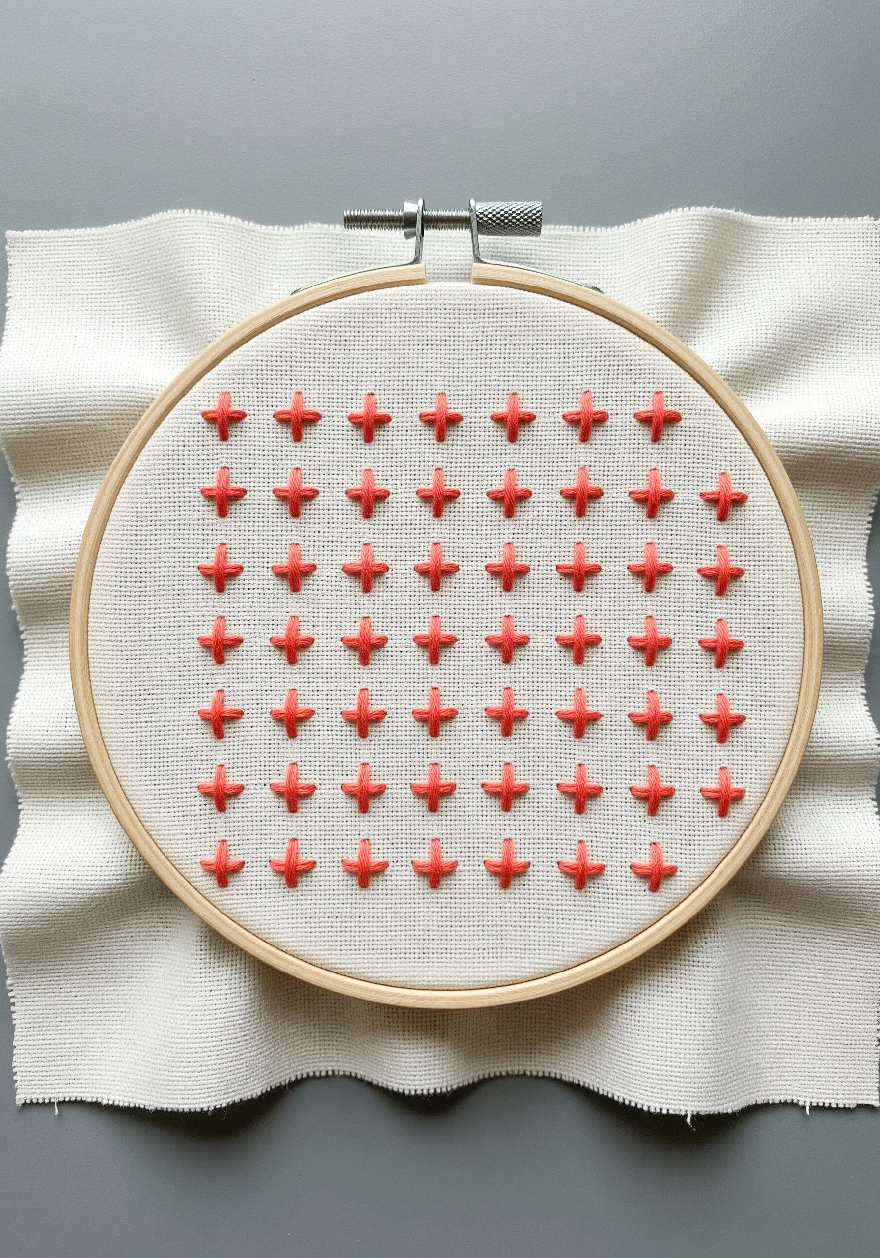 A grid of perfectly spaced, puffy red cross stitches on off-white fabric.
