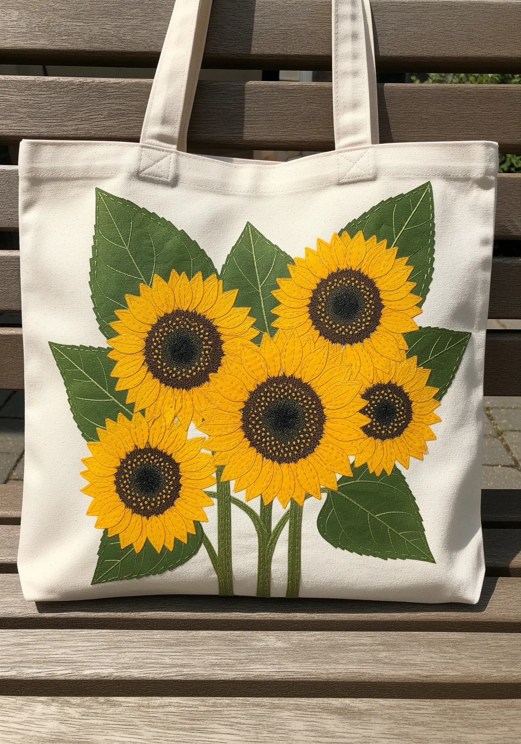A canvas tote bag featuring a bold composition of pressed sunflowers and embroidered leaves.