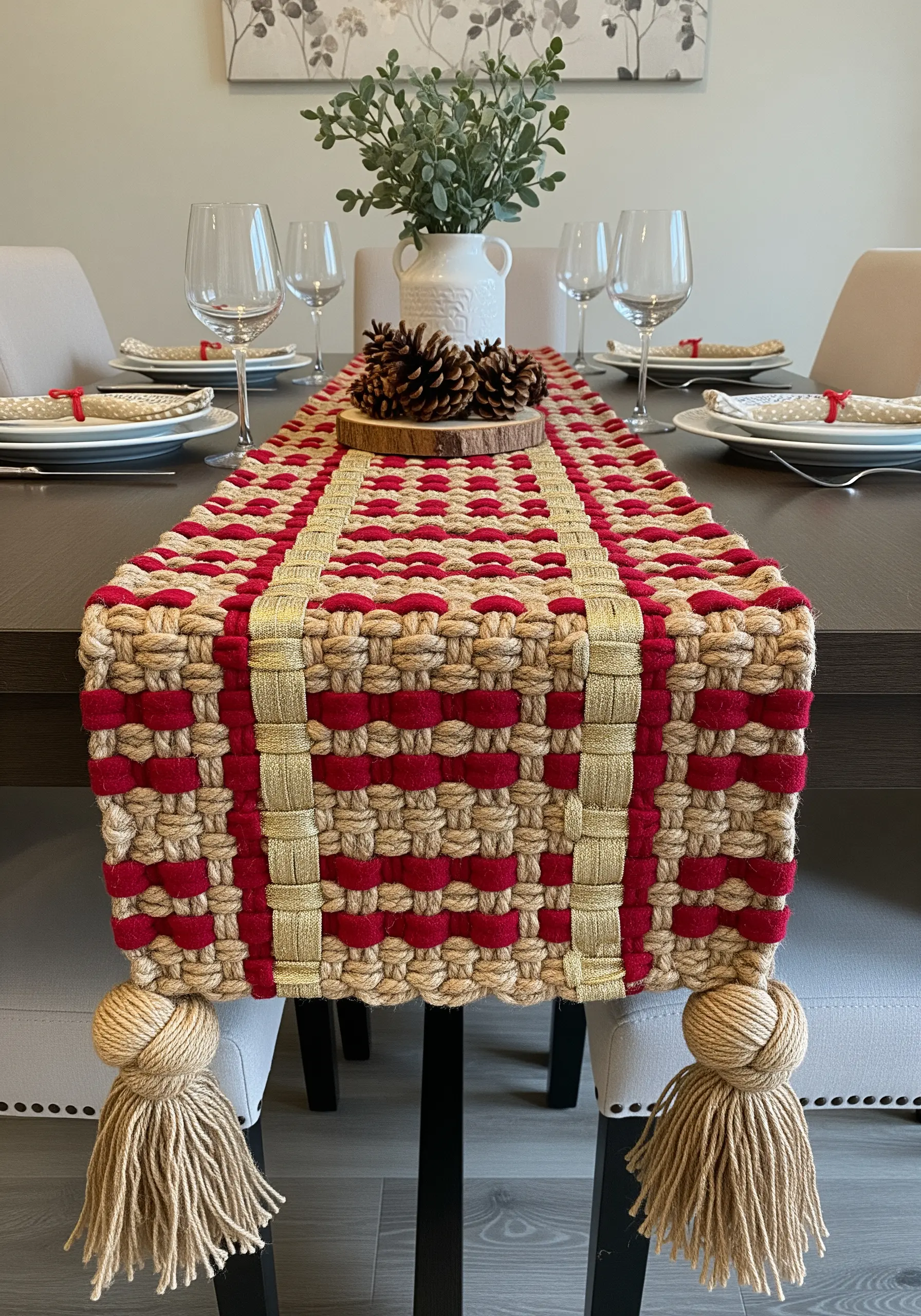 A chunky woven table runner in red and beige rope with large tassels.
