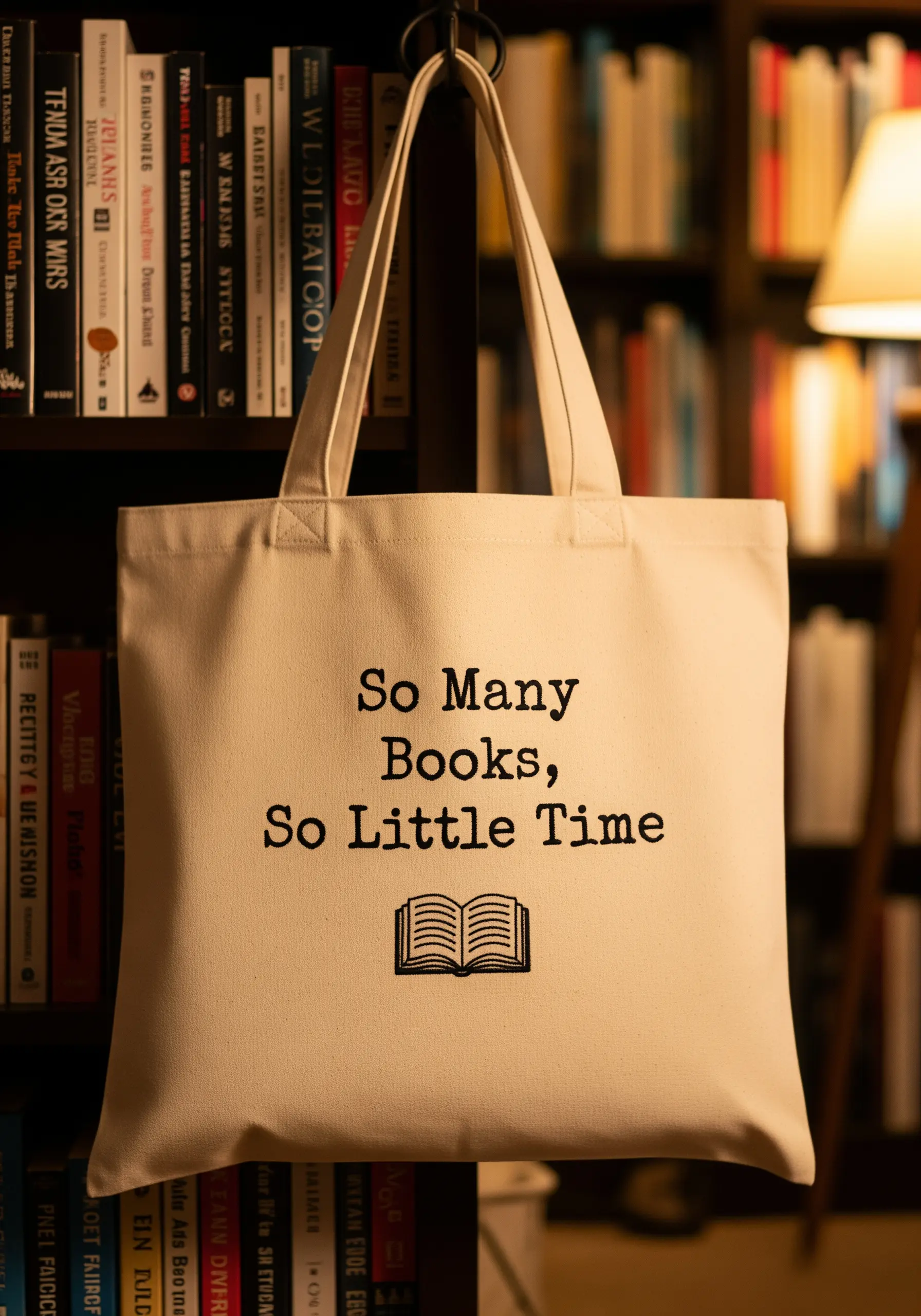 A canvas tote bag with the quote 'So Many Books, So Little Time' and a book icon.