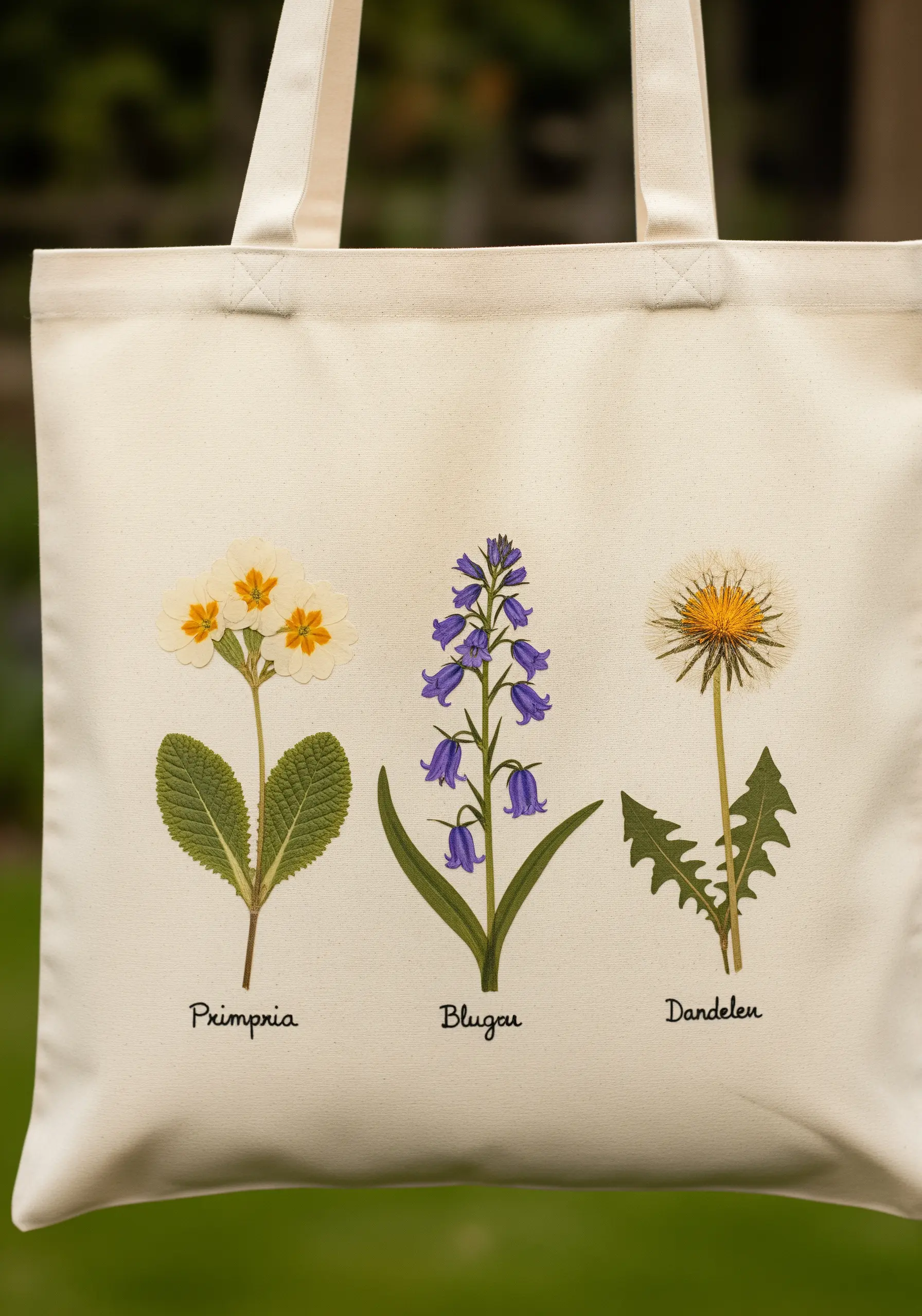 Canvas tote bag with embroidered primrose, bluebell, and dandelion illustrations and labels.
