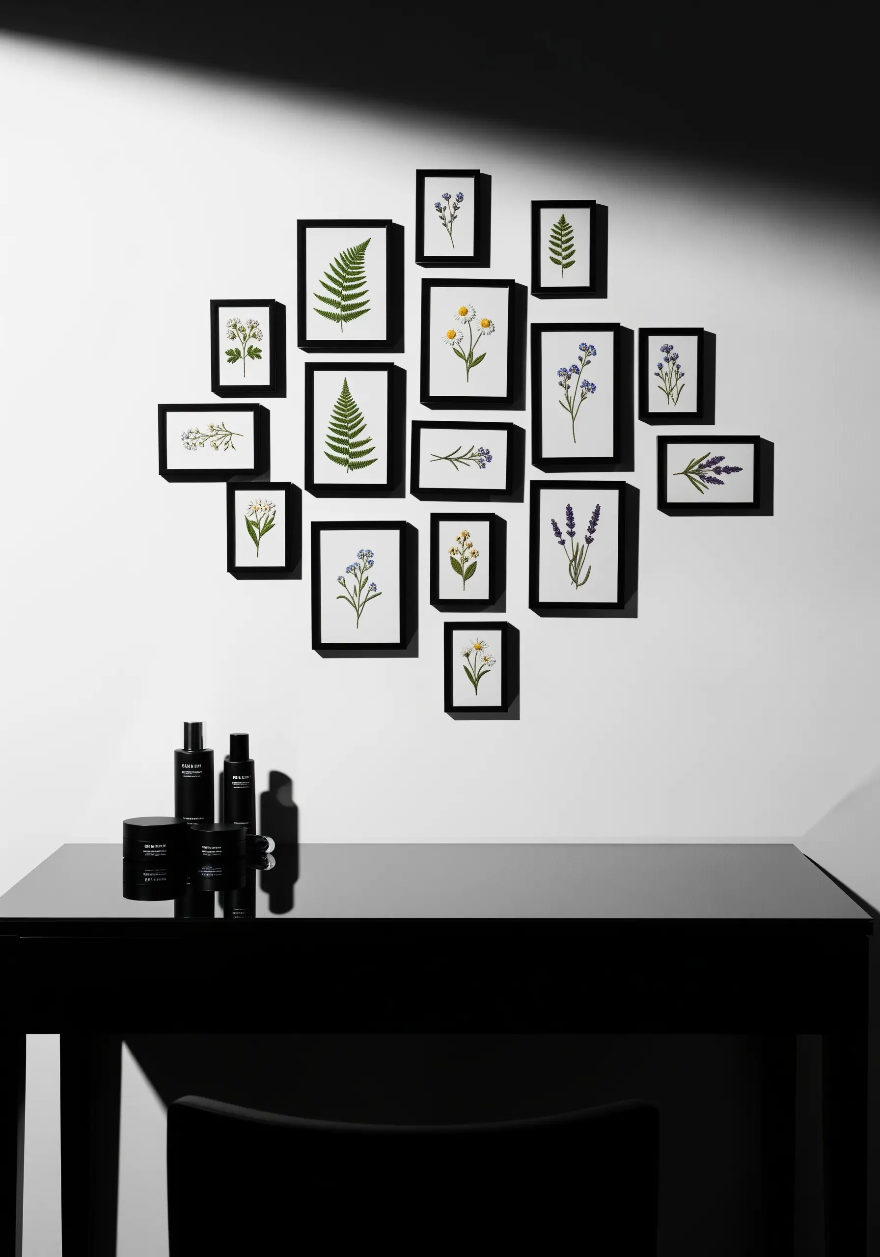 An asymmetrical gallery wall of framed embroideries featuring ferns and wildflowers.
