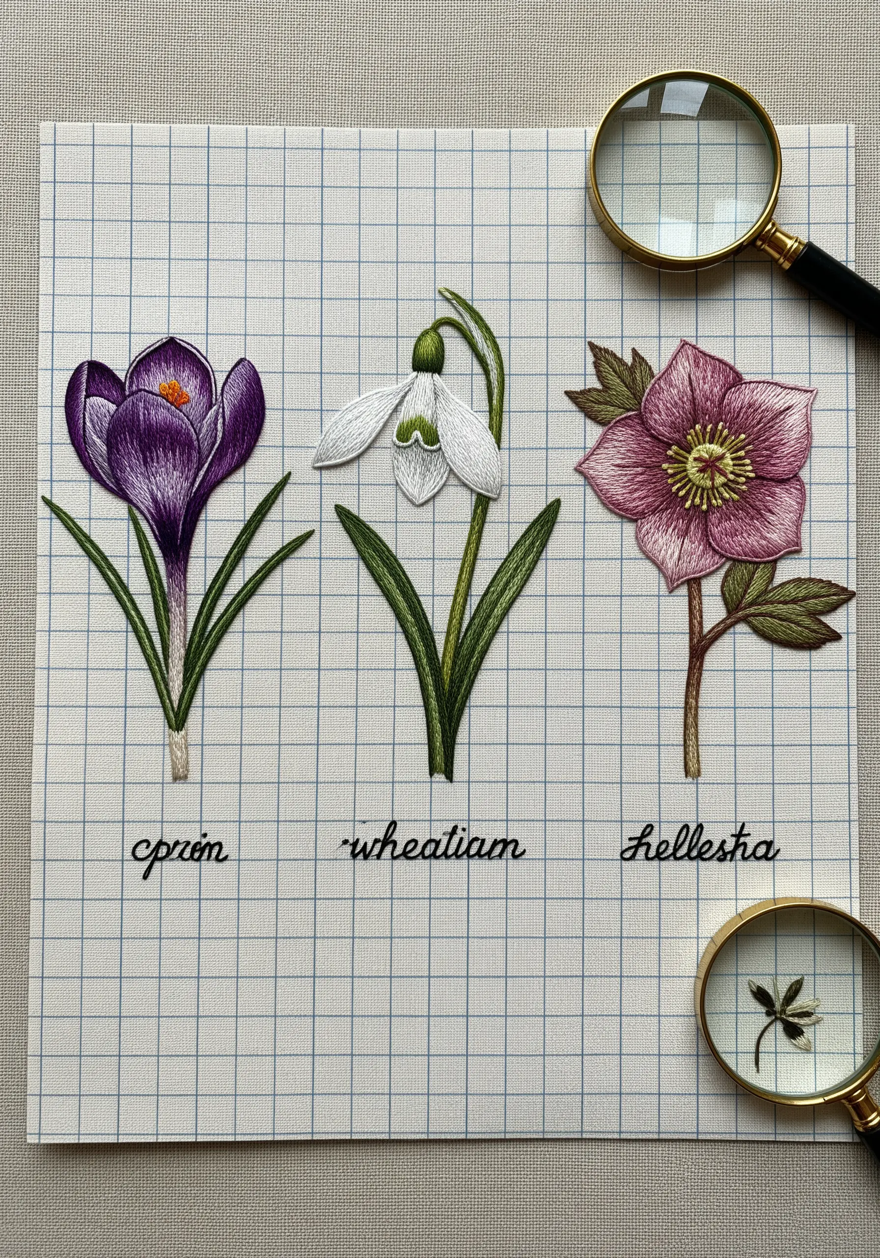 Three embroidered flowers—crocus, snowdrop, and hellebore—arranged on grid paper like a botanical study.