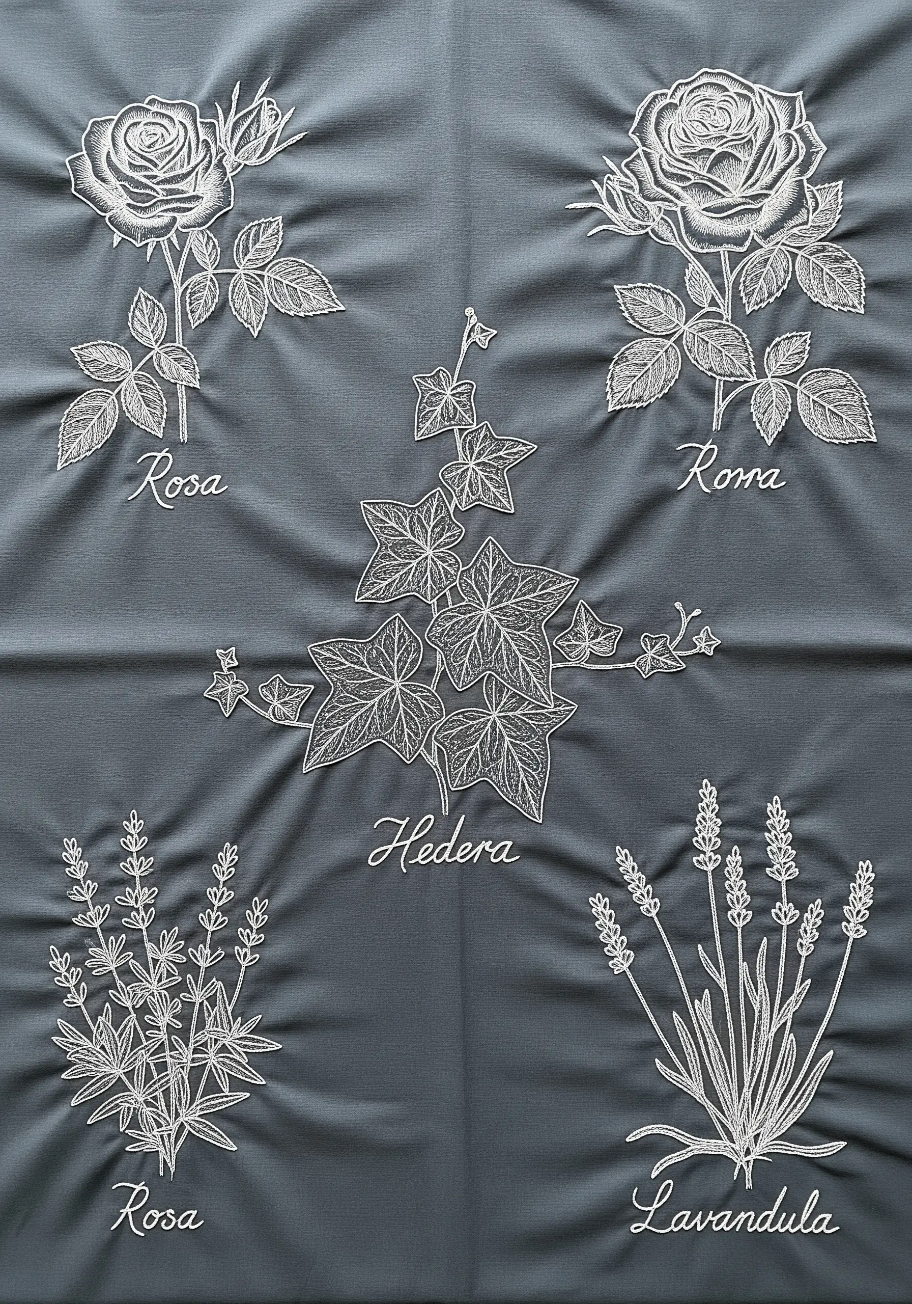 A collection of botanical illustrations of roses, ivy, and lavender in white thread on grey fabric.