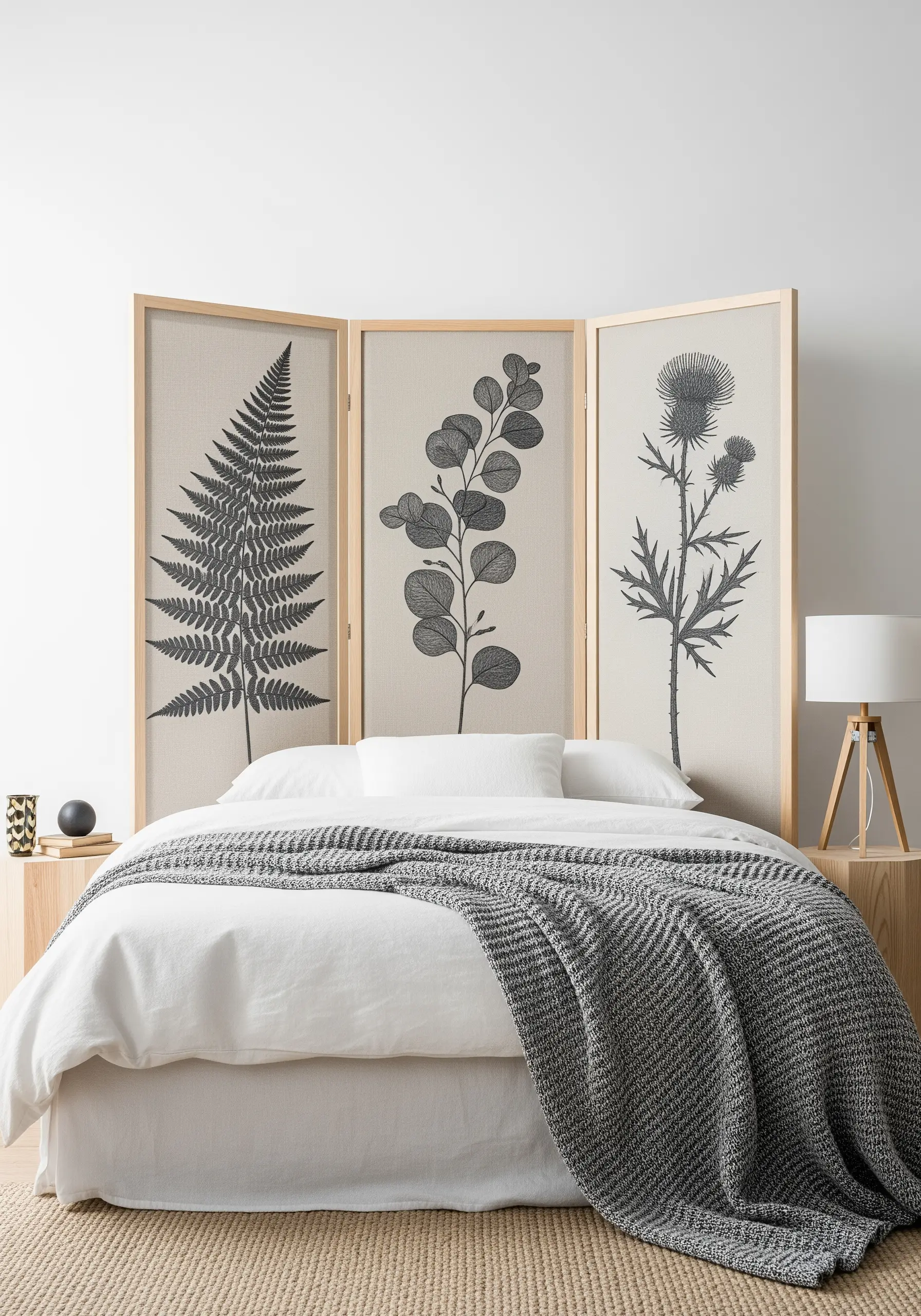 A three-panel room divider with large-scale blackwork embroidery of a fern, eucalyptus, and thistle.