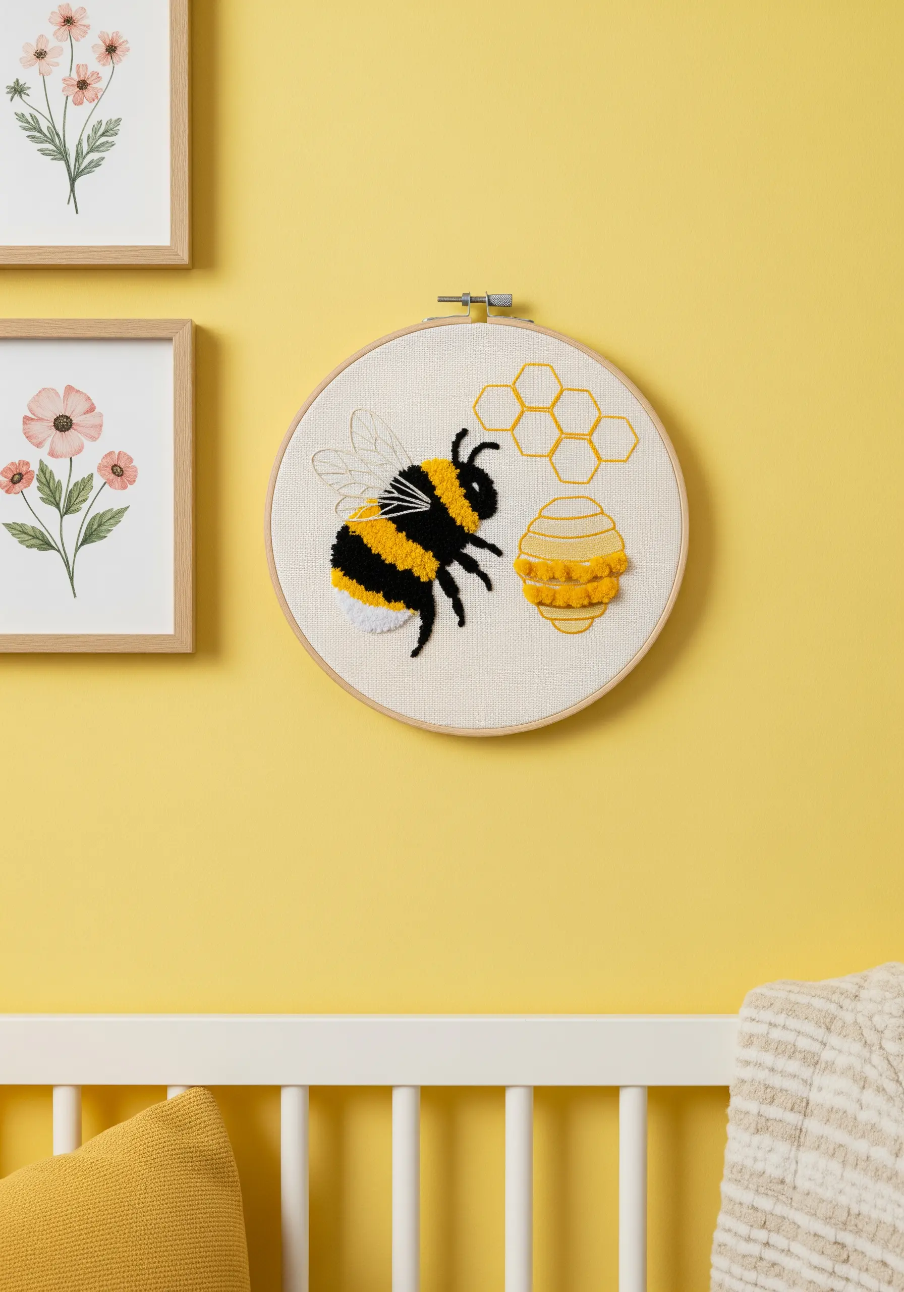 Embroidered bee with a fluffy body, next to a honeycomb and a textured beehive.