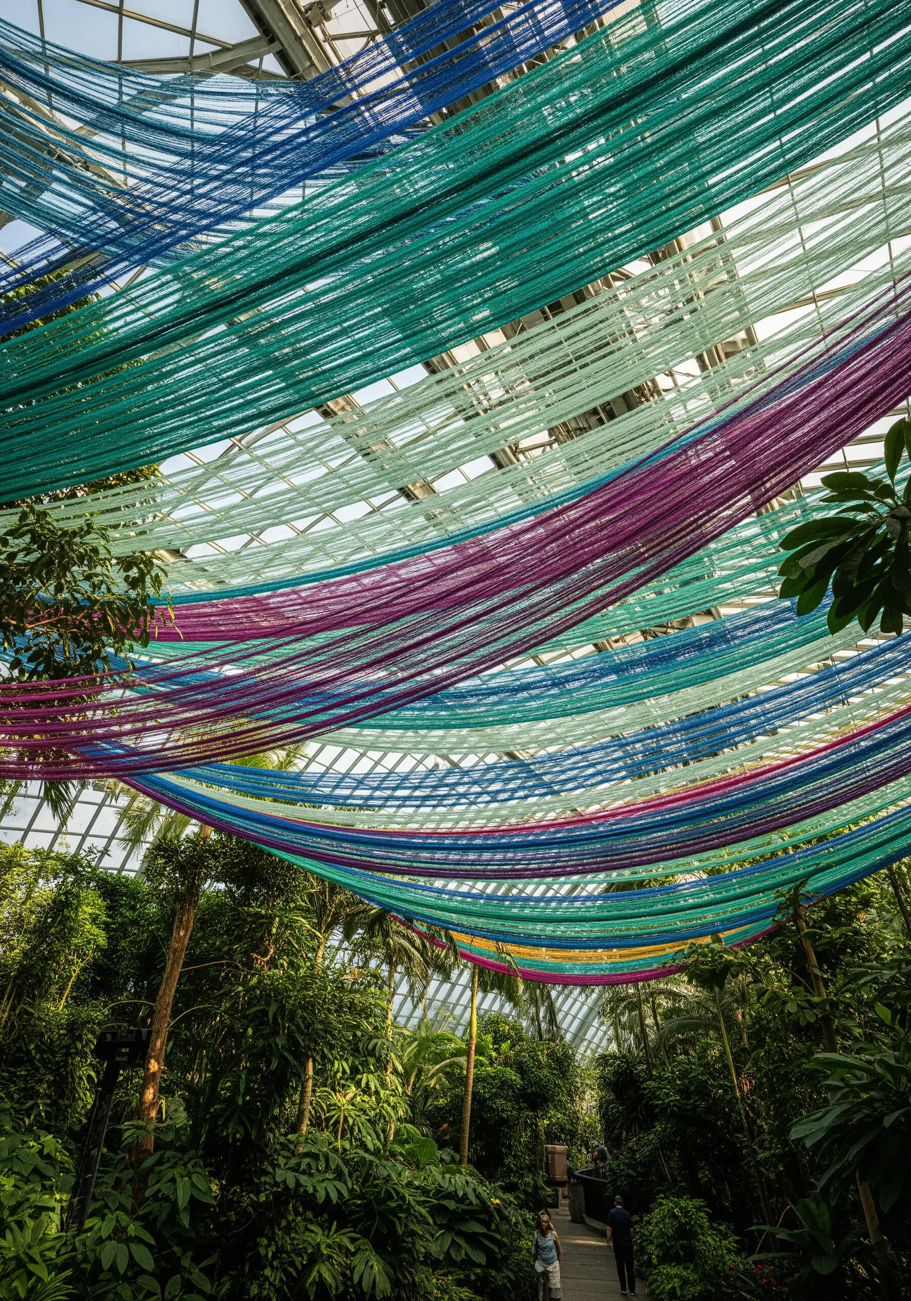 Colorful threads stretched across the glass ceiling of a botanical garden, filtering sunlight.