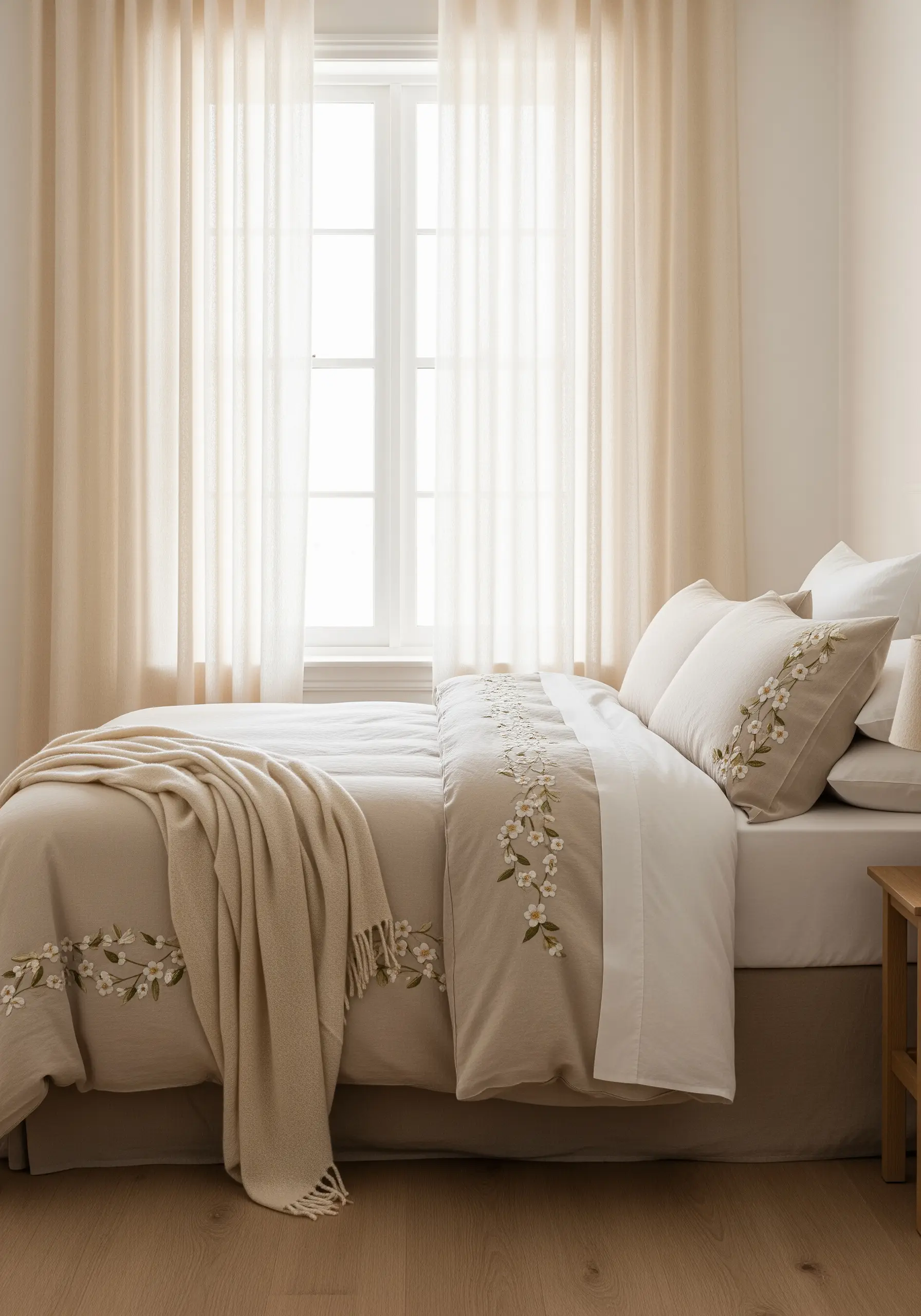 Cream and green floral embroidery on the edge of a beige duvet cover.