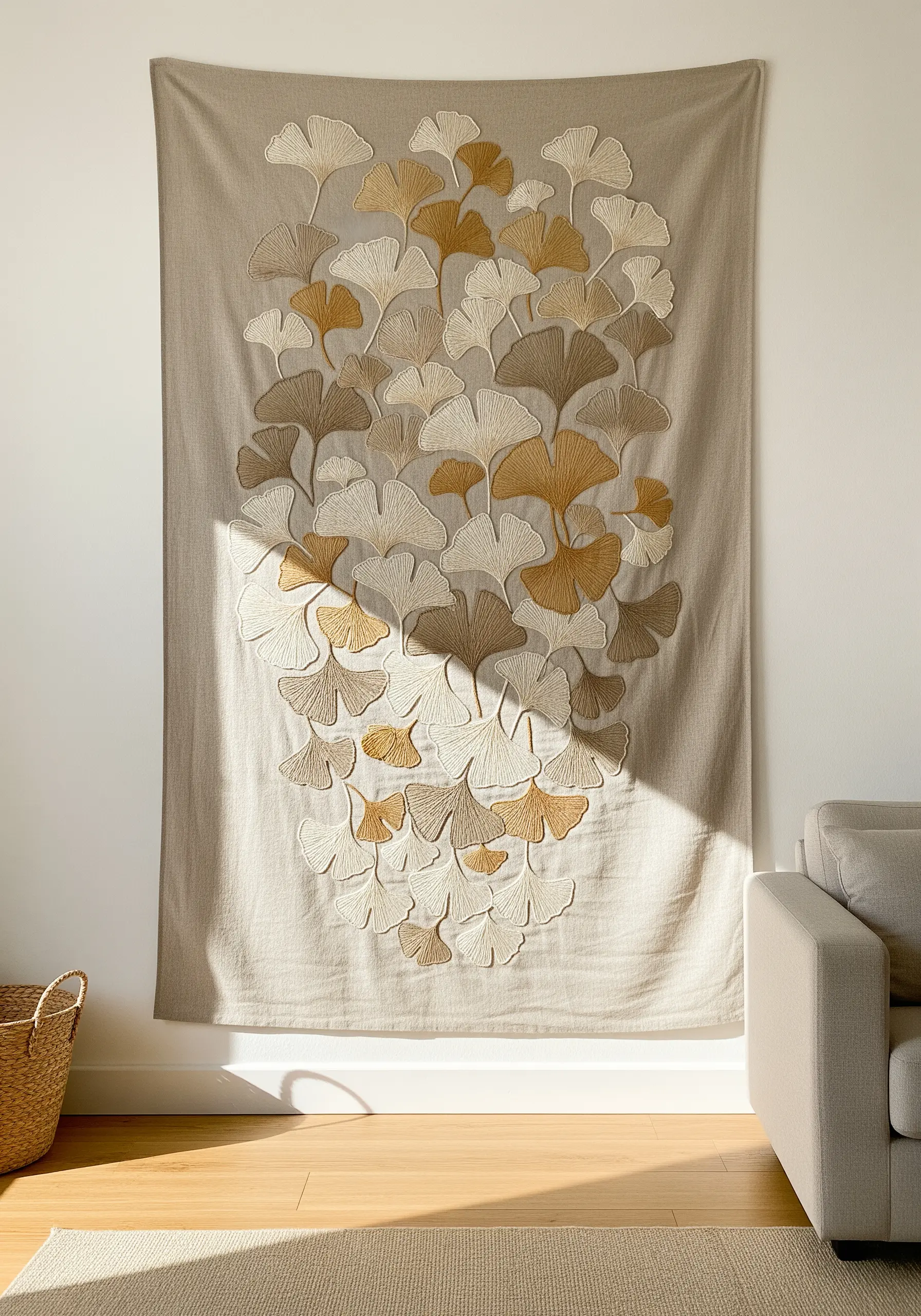 Large-scale neutral wall hanging with embroidered ginkgo leaves in cream, tan, and gold.