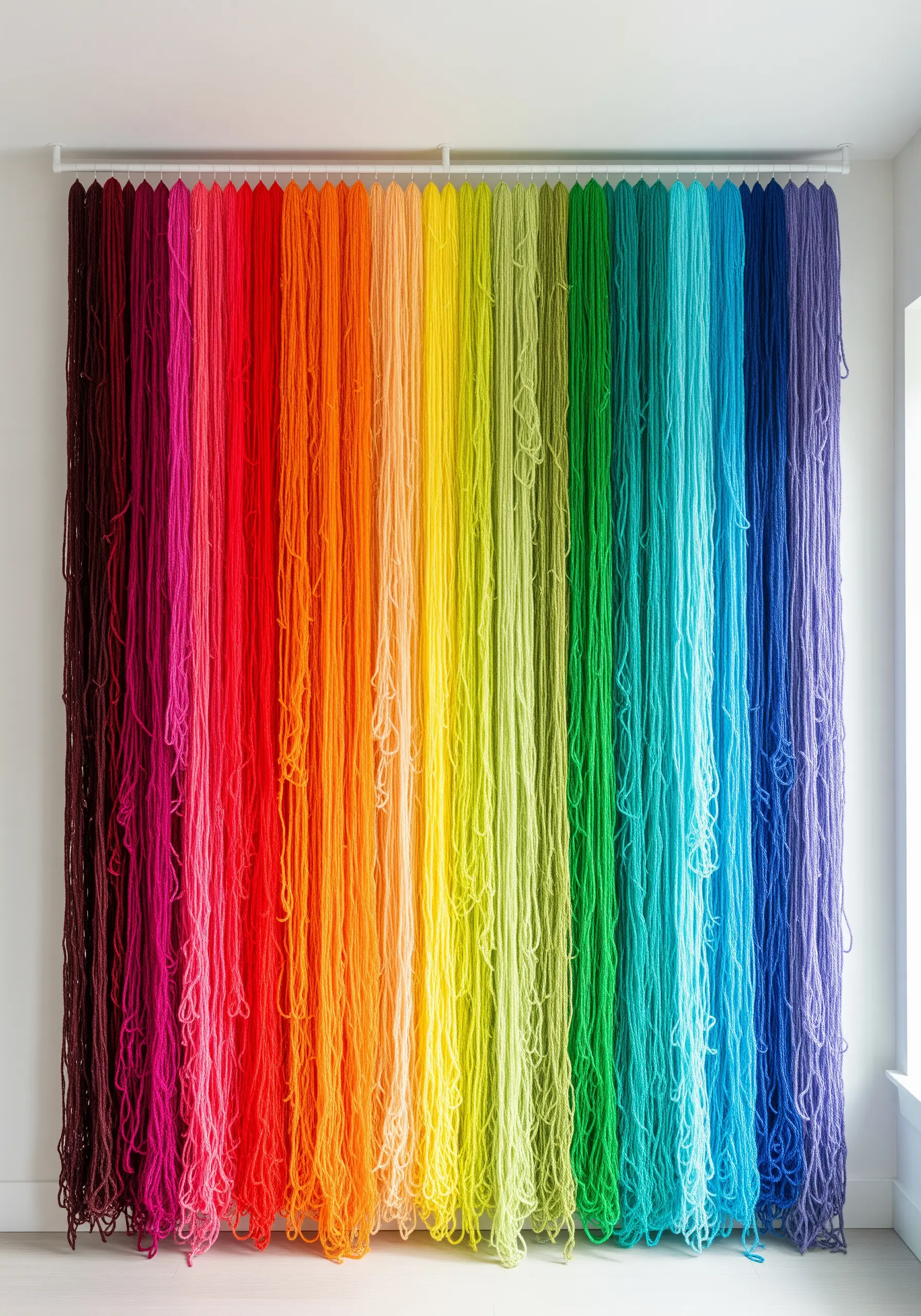 A floor-to-ceiling wall hanging of yarn organized in a vibrant rainbow gradient.