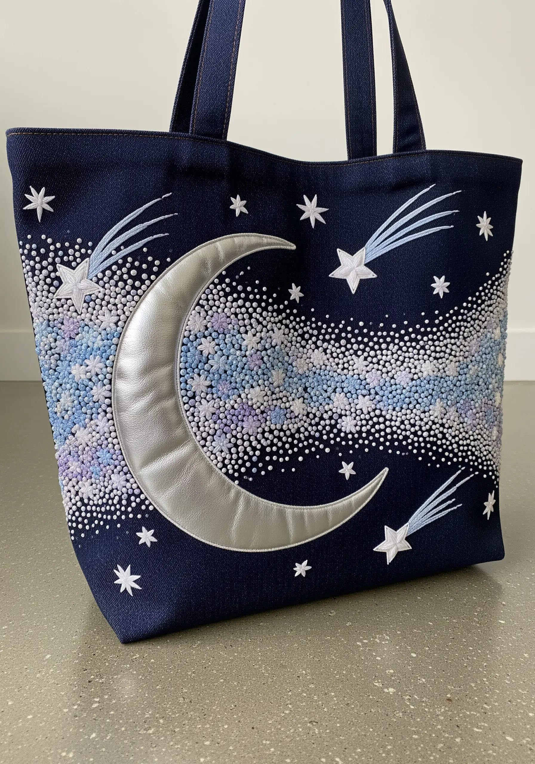 Silver appliqué moon surrounded by a galaxy of French knots on a dark blue tote bag.