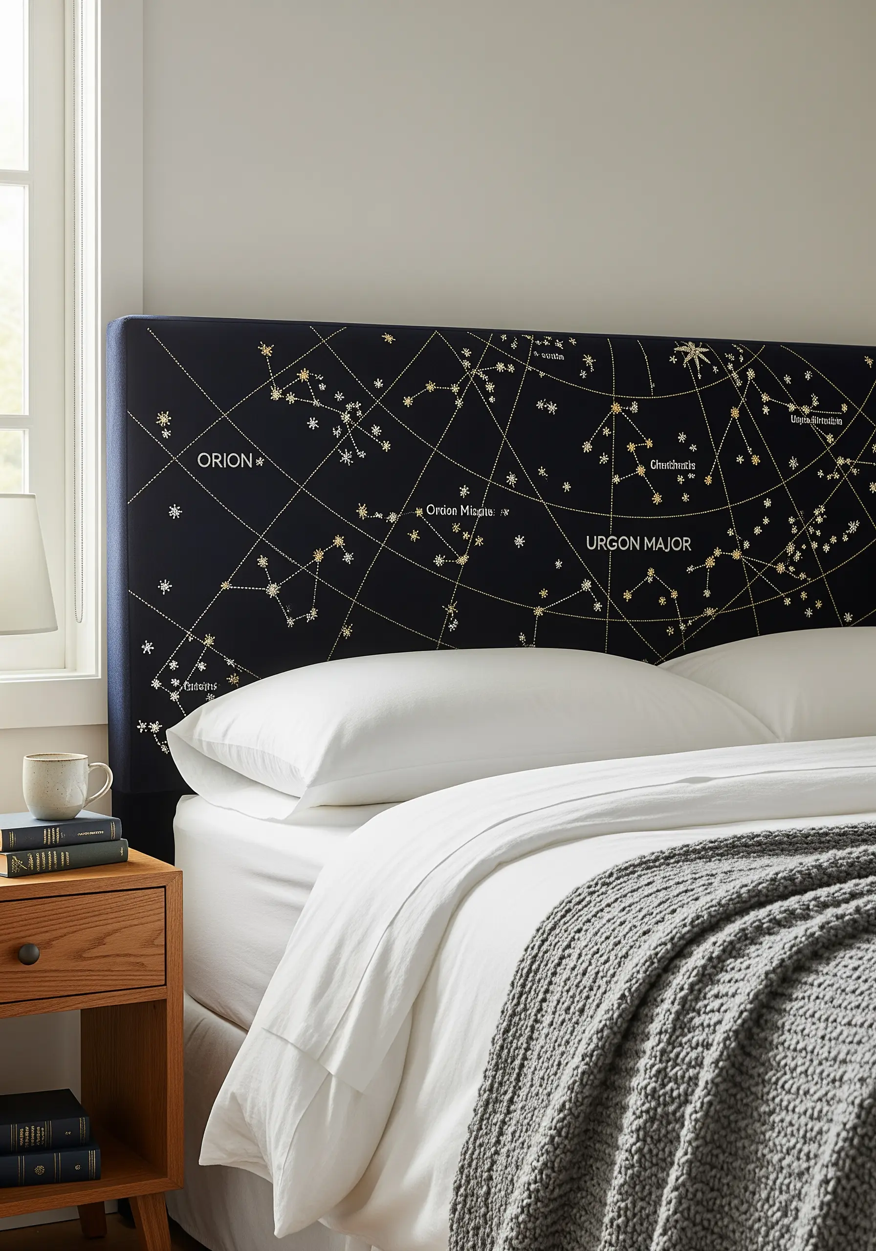An embroidered headboard with constellations stitched in gold and white thread on dark blue fabric.