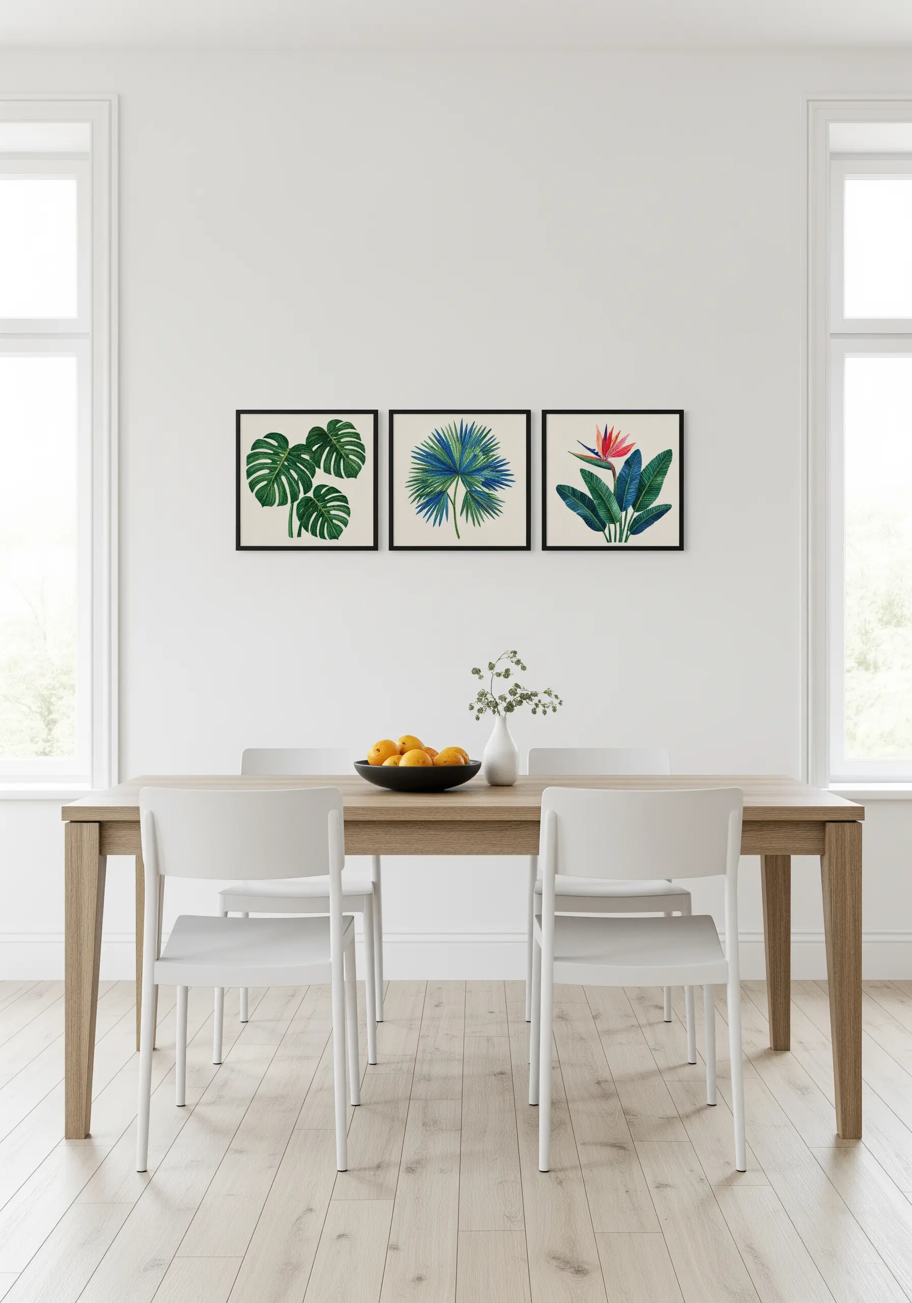 A set of three framed embroideries, each featuring a different tropical leaf.