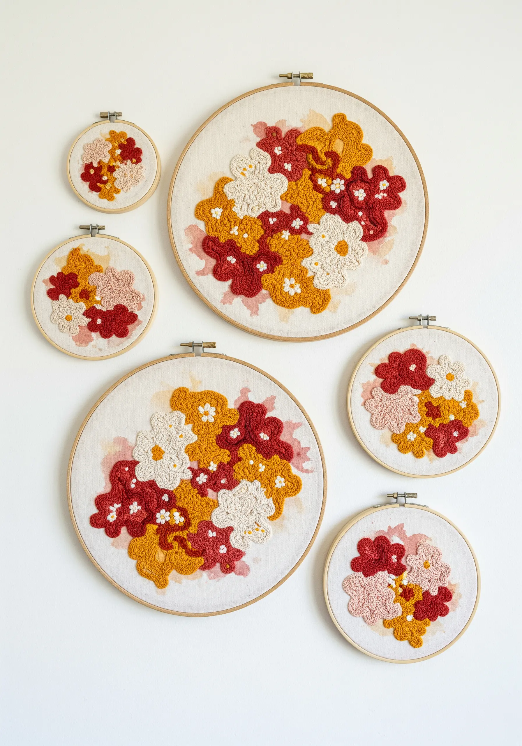A gallery wall of embroidery hoops with abstract, textured floral clusters.