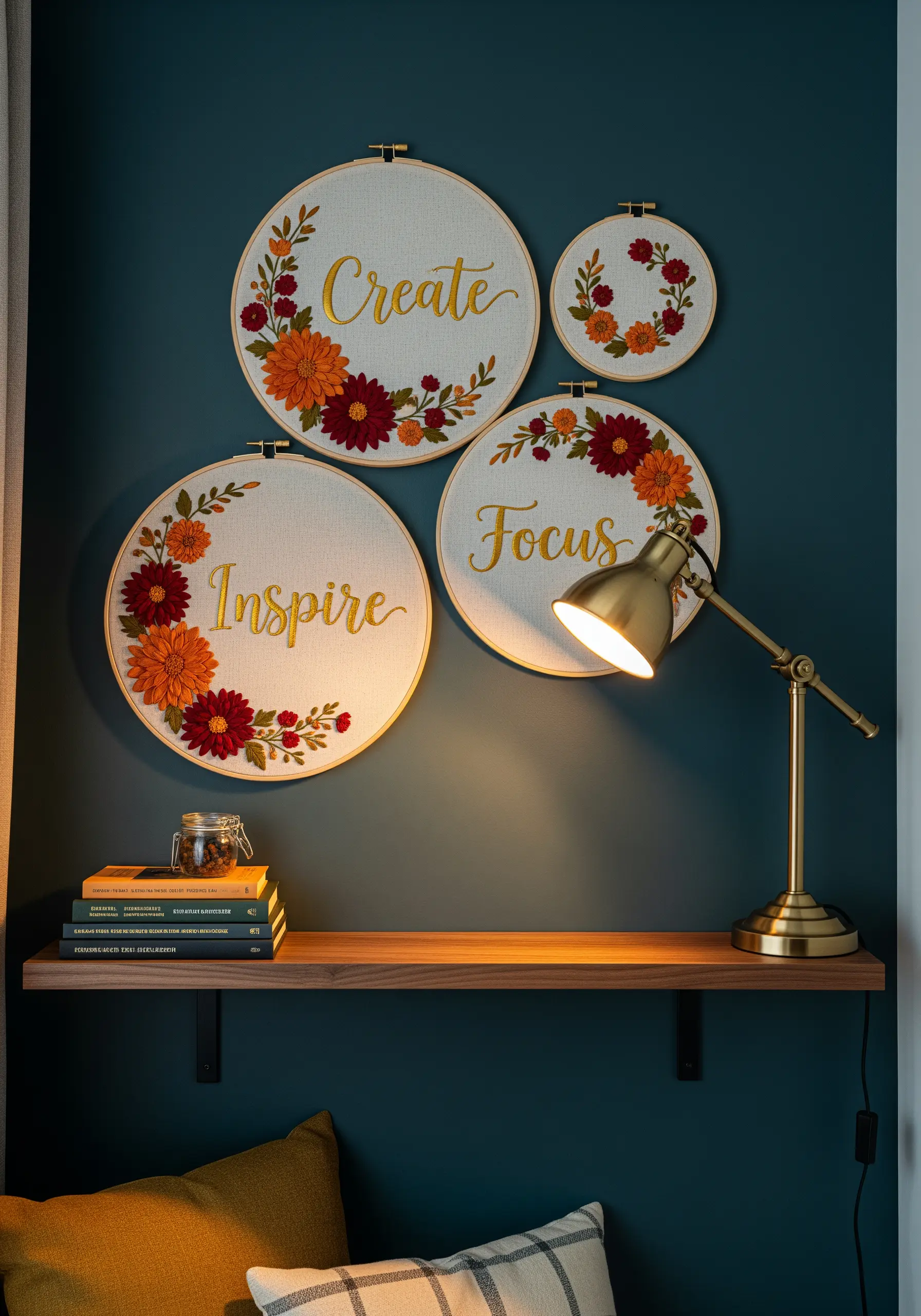 A gallery wall of four embroidery hoops with floral motifs and inspirational words.