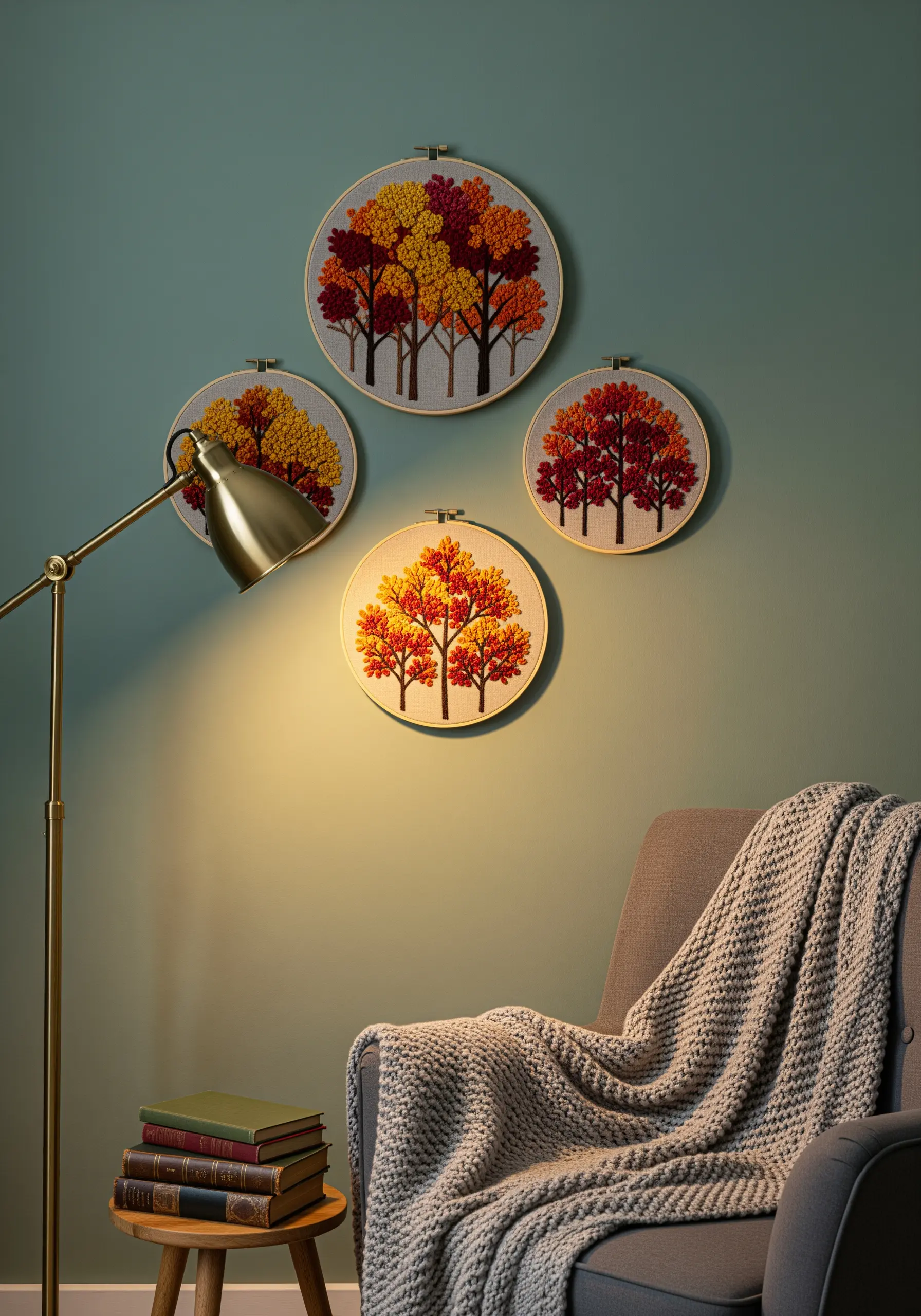 Four embroidery hoops with autumn trees in red, orange, and yellow hanging on a dark green wall.