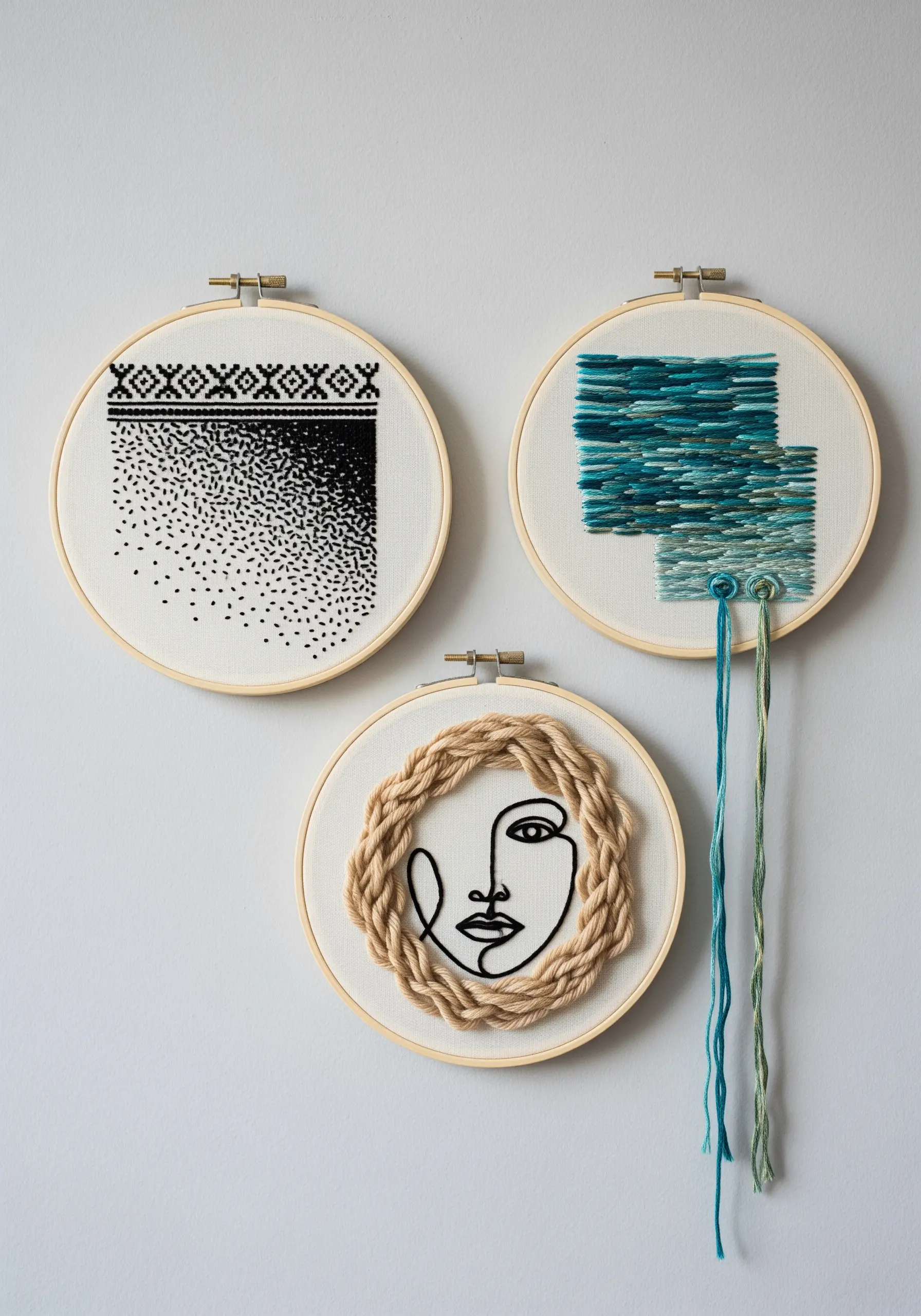 Three embroidery hoops displaying different fiber art techniques: blackwork, thread painting, and rope.