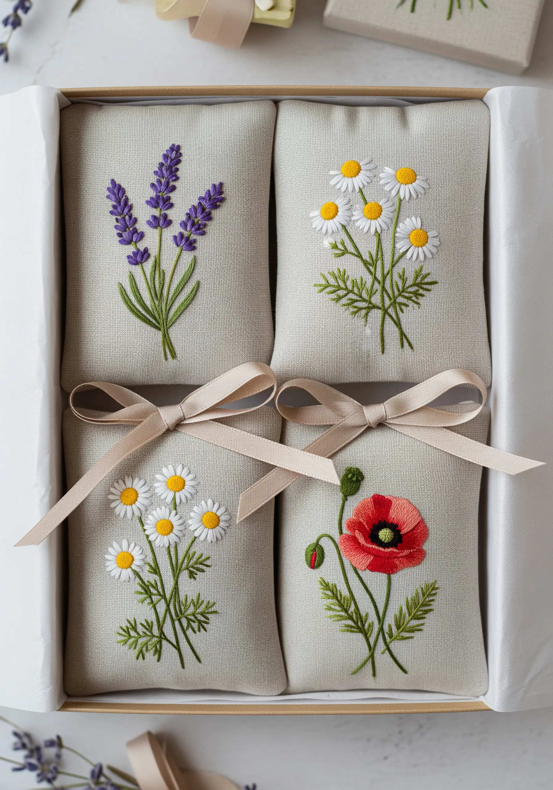 A gift box with four linen sachets, each embroidered with a different wildflower.