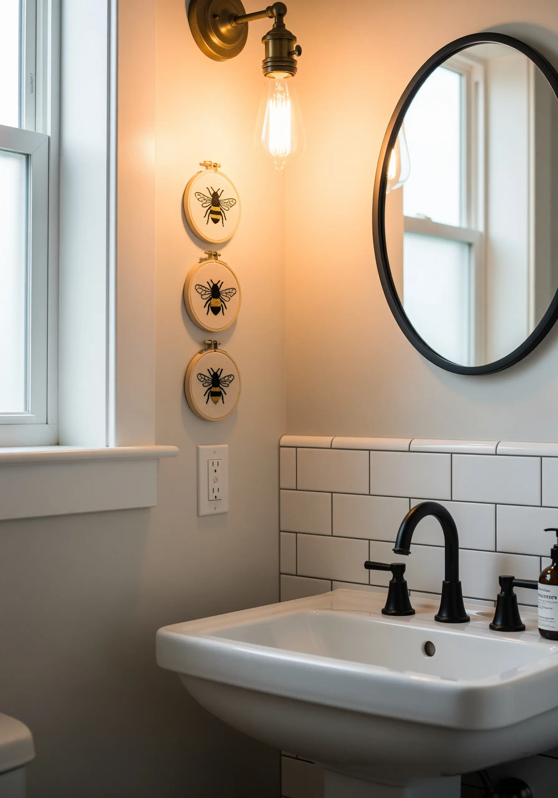 A vertical series of three small embroidery hoops, each featuring a single bee.
