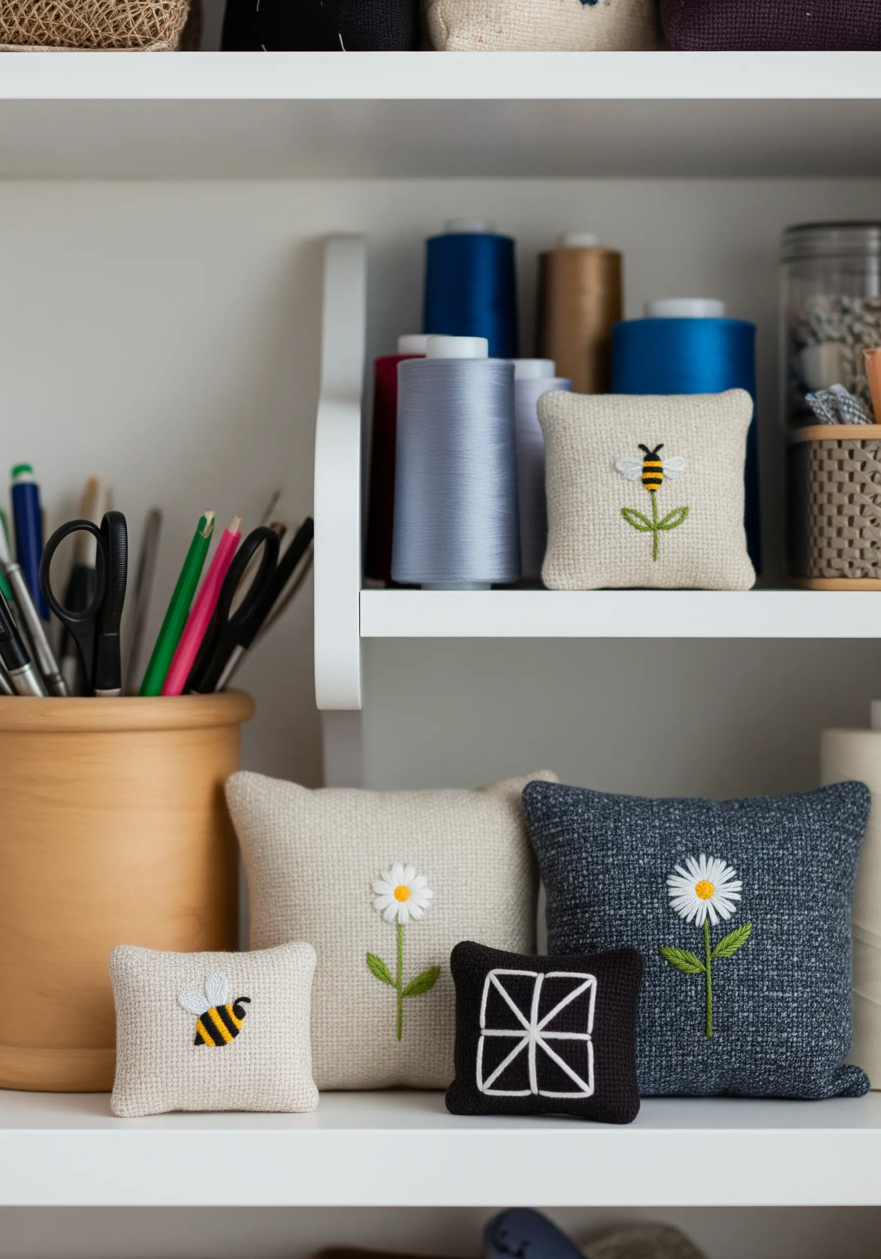 A collection of tiny, embroidered pincushions with bees, daisies, and geometric motifs.
