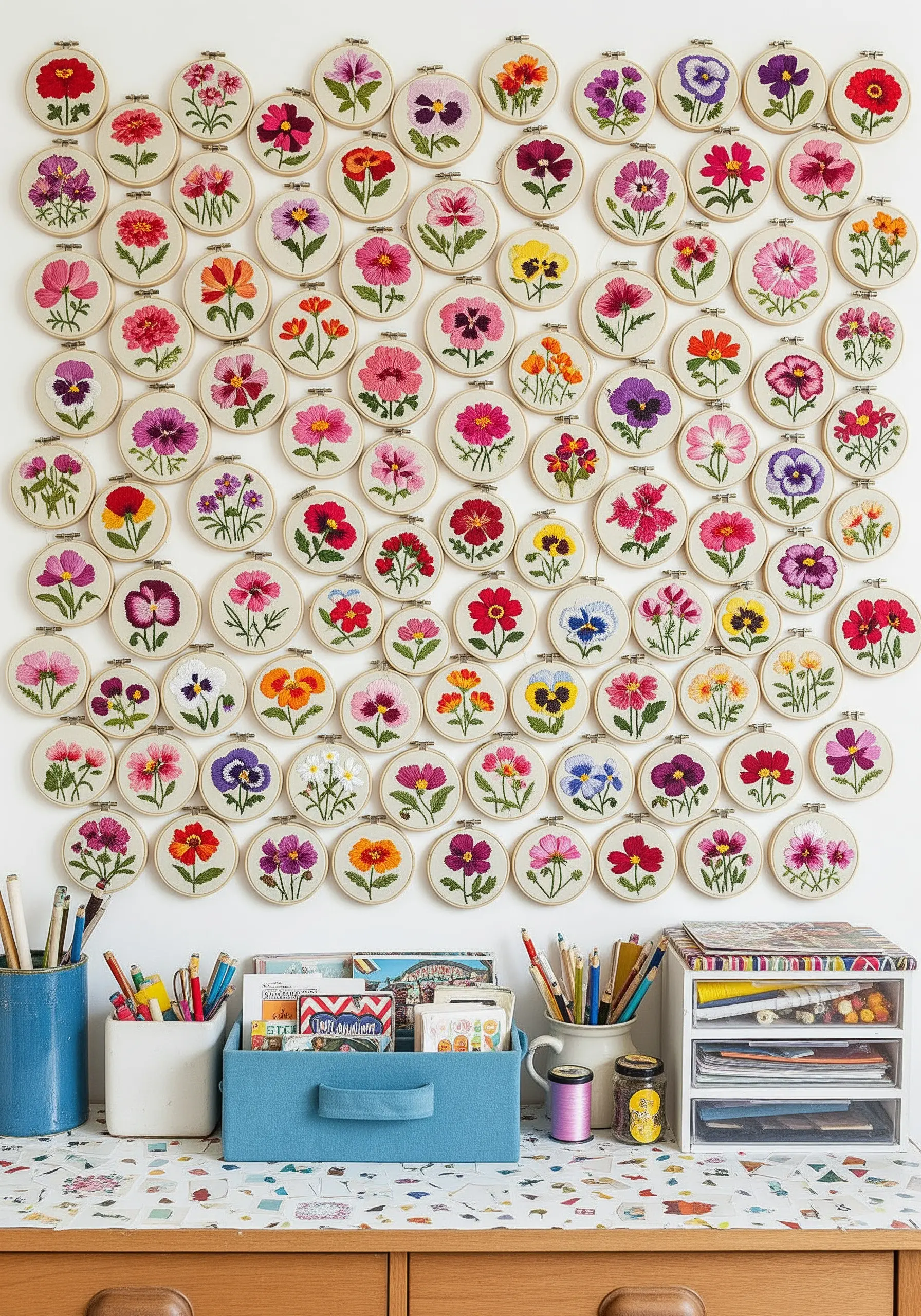 A dense gallery wall covered with nearly a hundred small embroidery hoops, each with one flower.