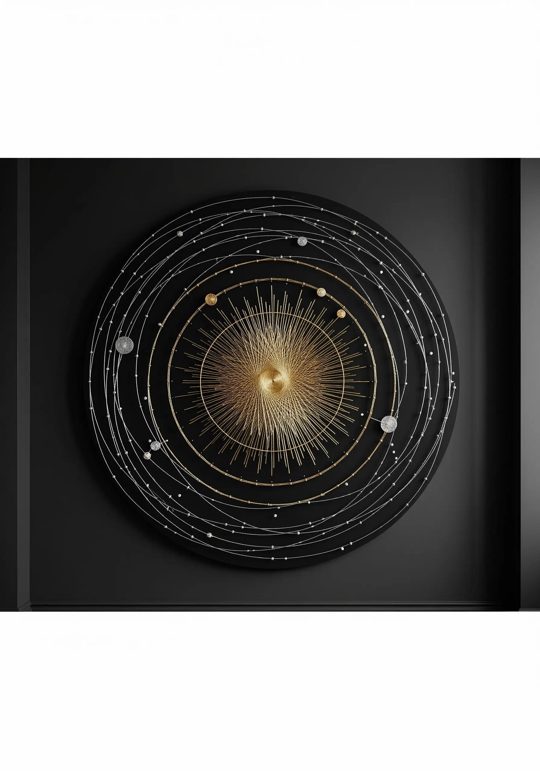 A large, dark circular artwork depicting a solar system with gold and silver threads and beads.