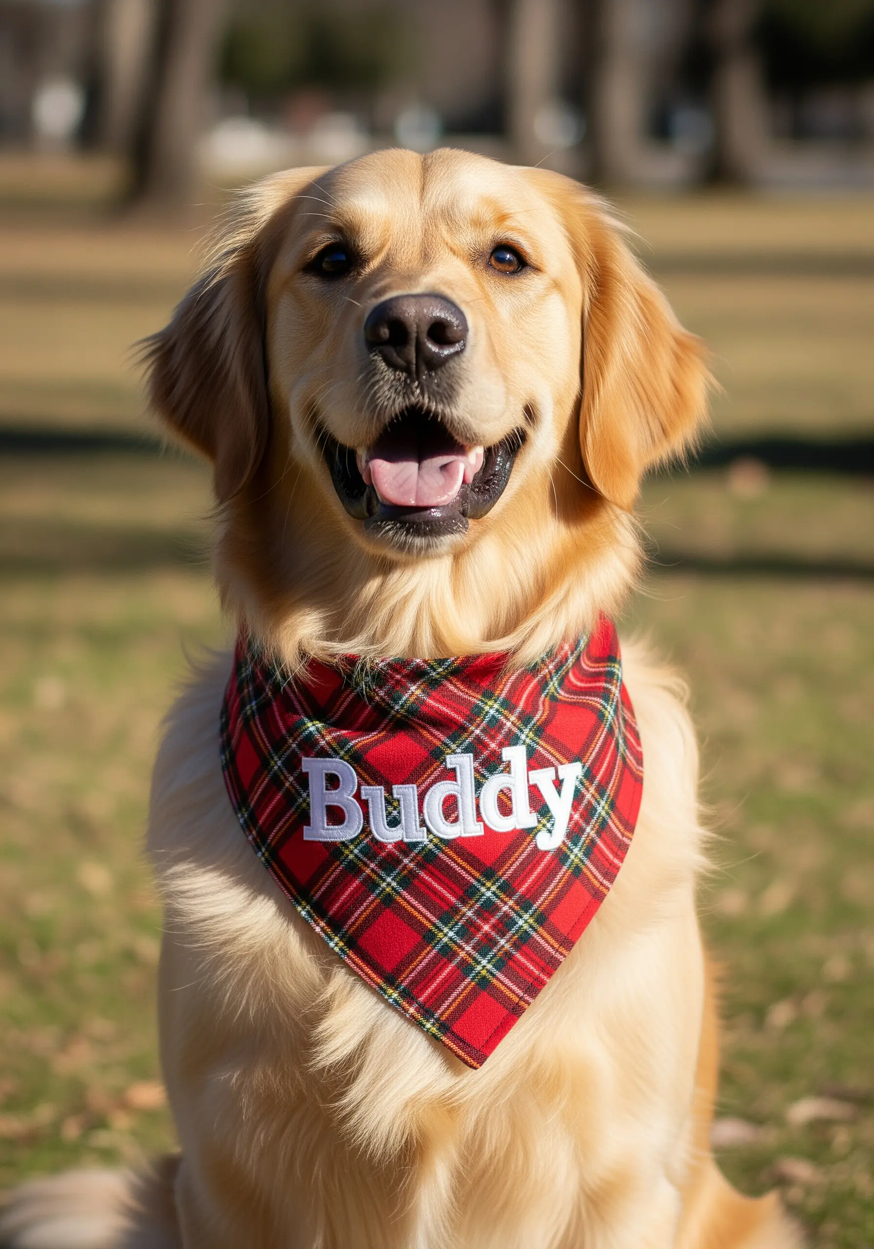 A red plaid dog bandana with the name 'Buddy' embroidered in bold white letters.