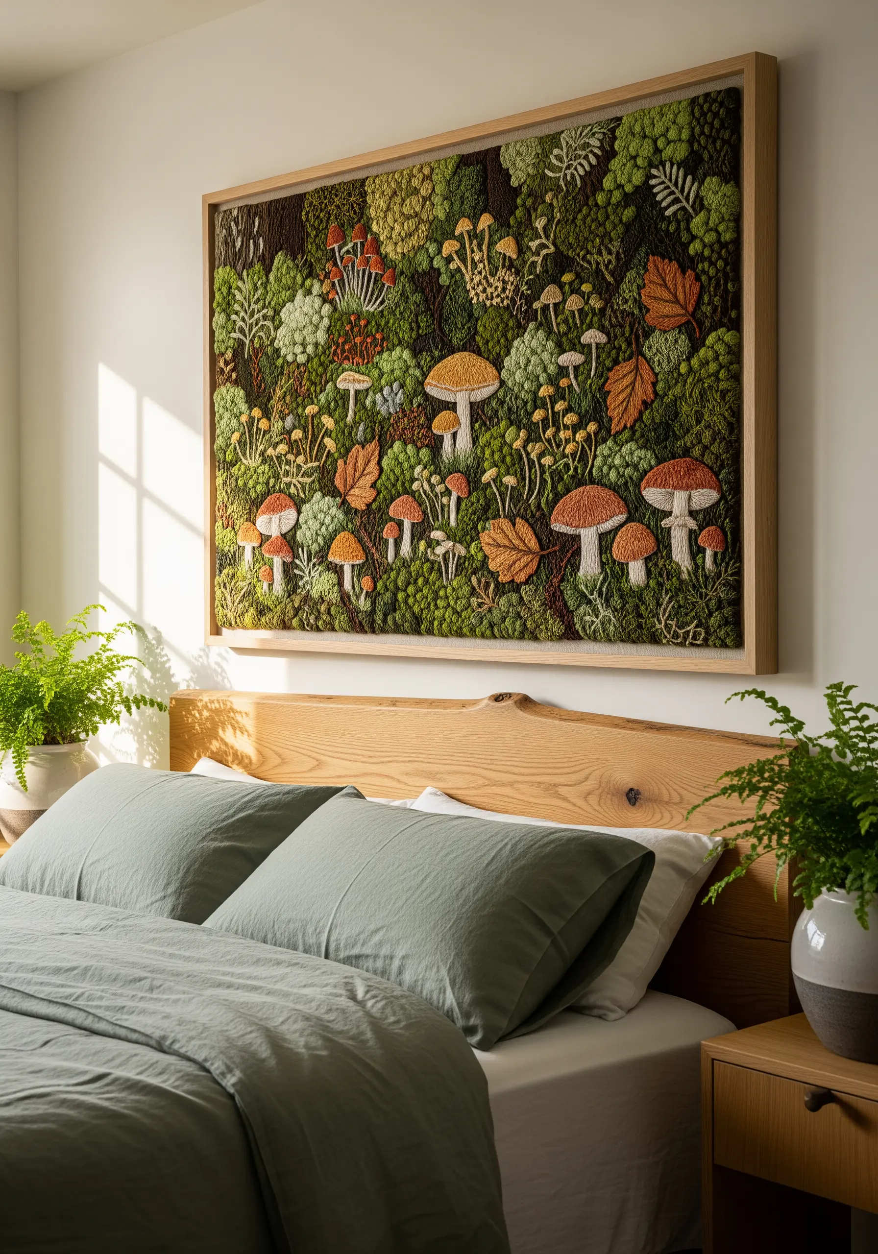 Large framed embroidery of a forest floor with textured mushrooms and moss above a bed