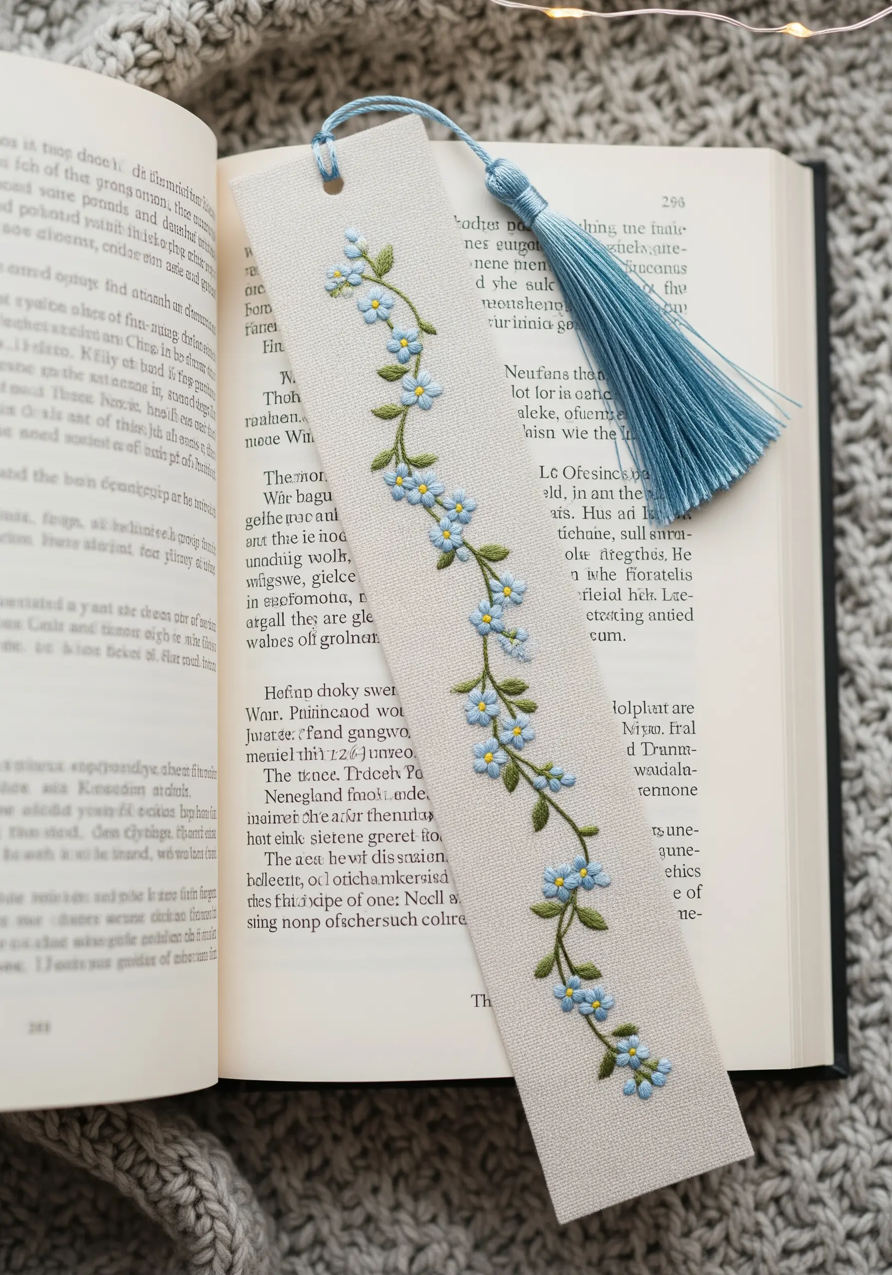 A linen bookmark embroidered with a delicate vine of blue forget-me-not flowers.