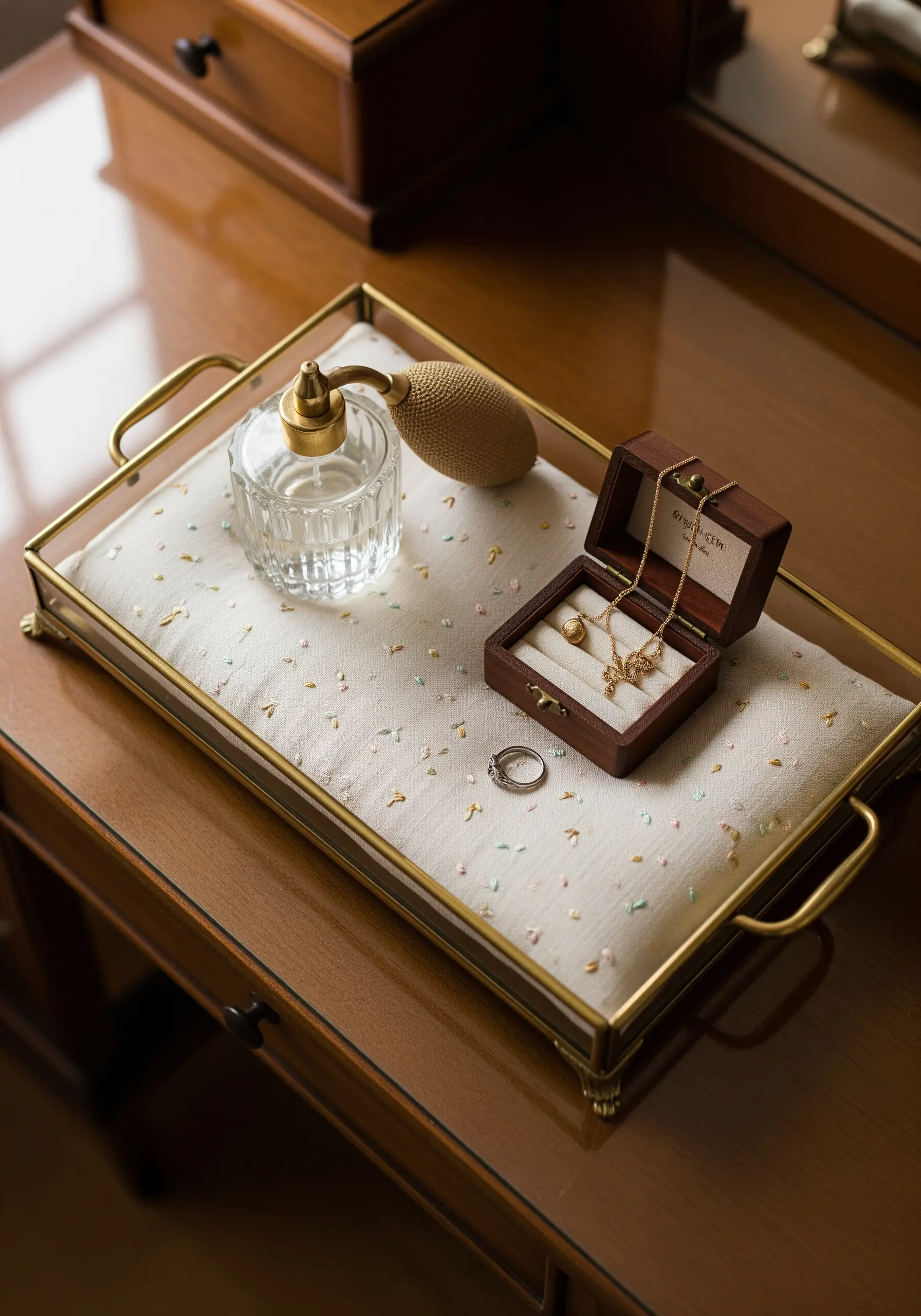 A soft linen tray liner decorated with tiny, scattered seed stitches in pastel and gold.